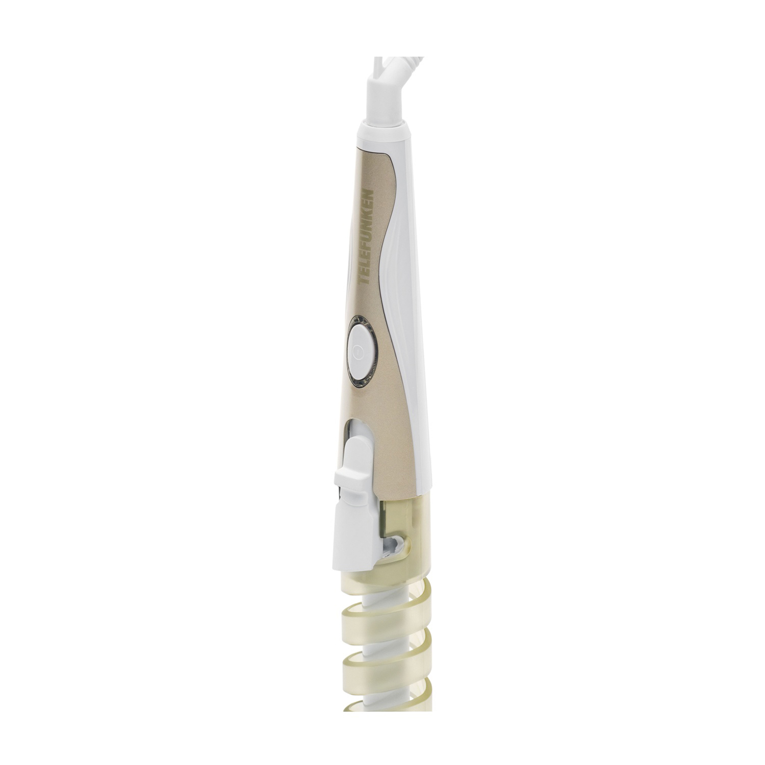 Arricciacapelli bianco e oro, primo piano, sfondo bianco.