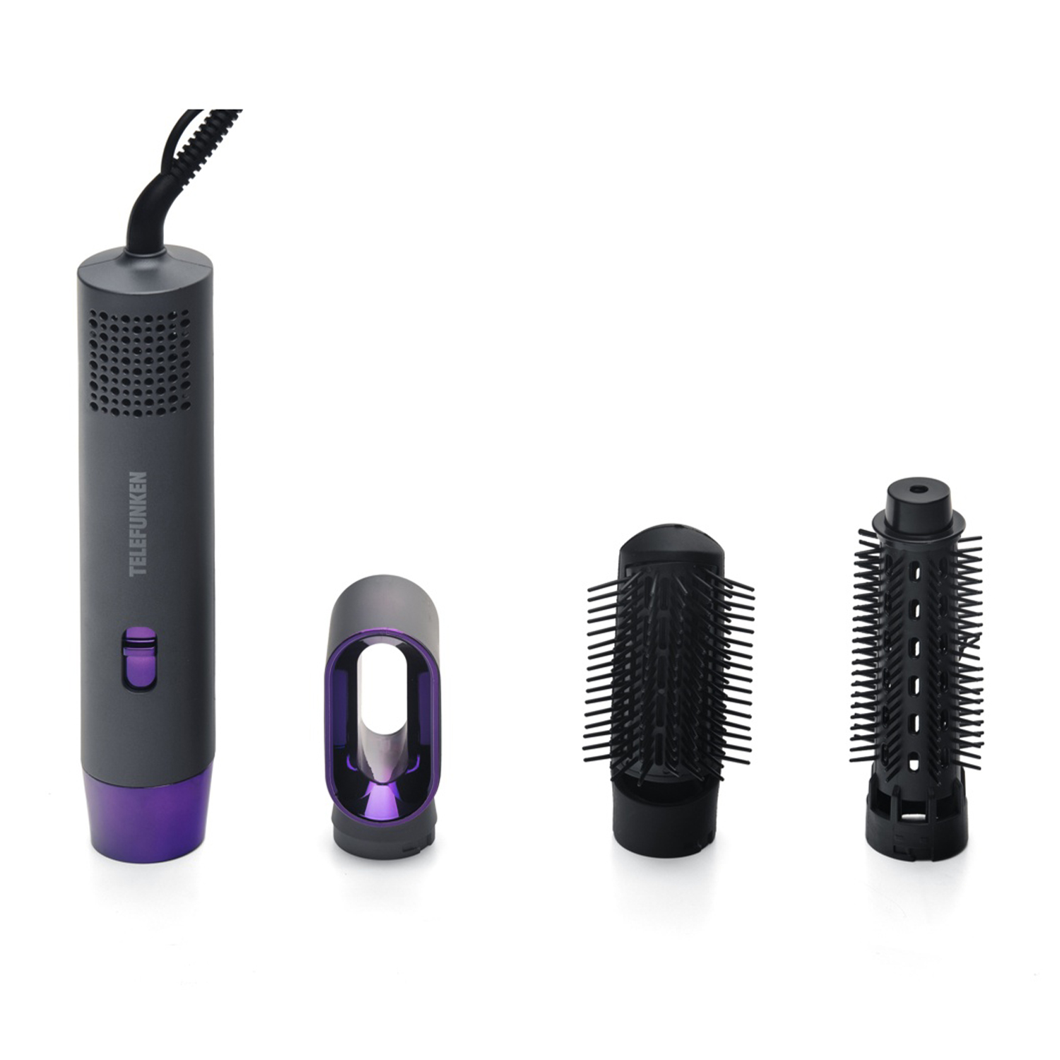 Asciugacapelli grigio con dettagli viola e tre accessori. Telefunken.