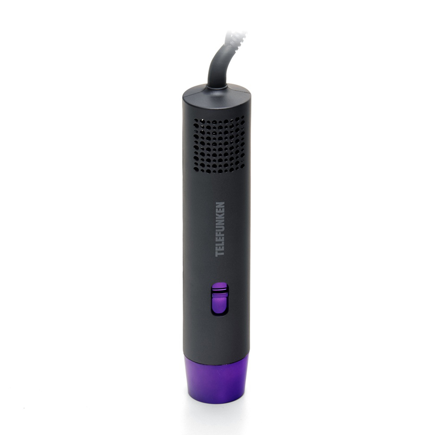 Asciugacapelli grigio con dettagli viola, marchio Telefunken, su sfondo bianco.