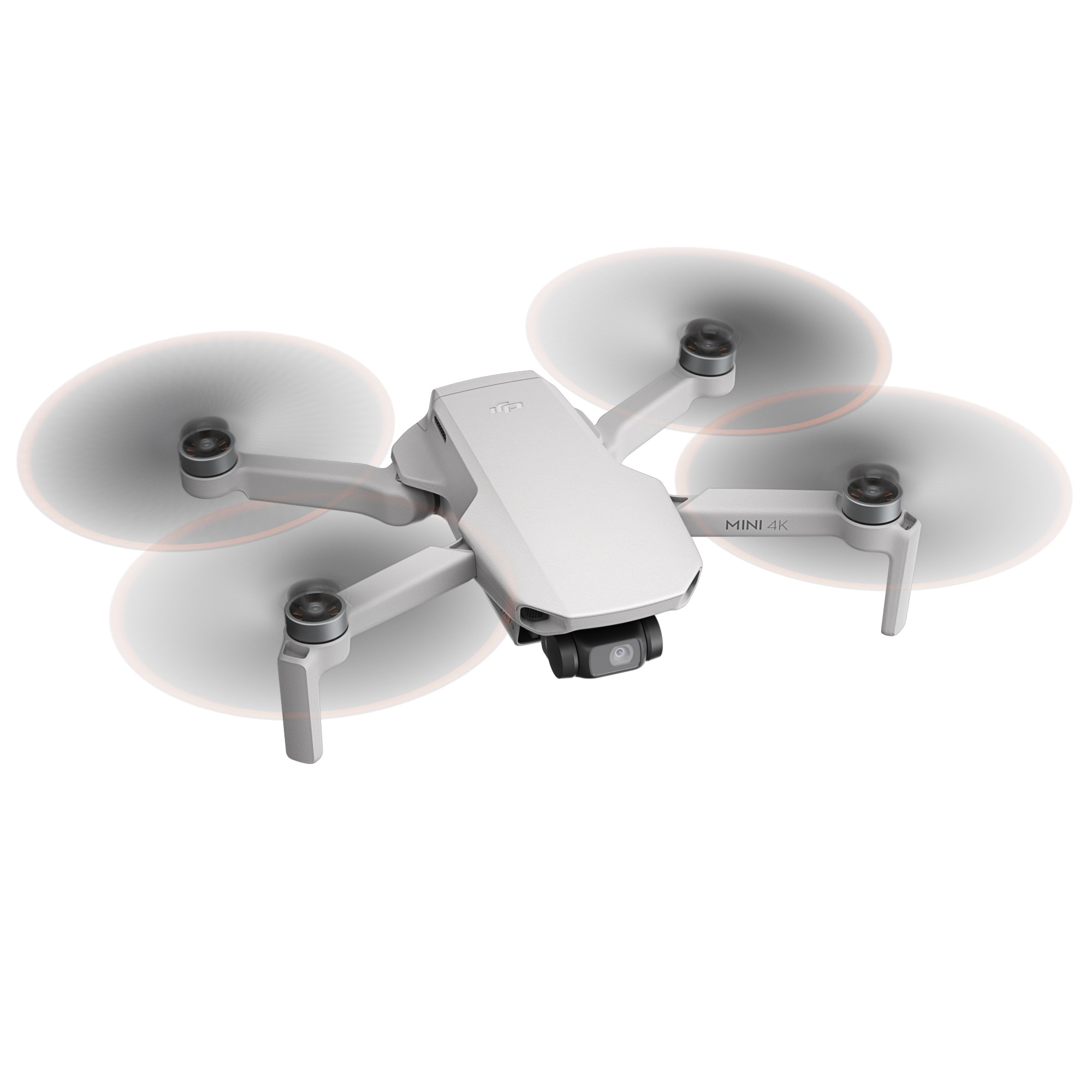 Dört pervaneli beyaz bir drone. Ön tarafta bir kamerası var ve beyaz bir arka plana karşı.