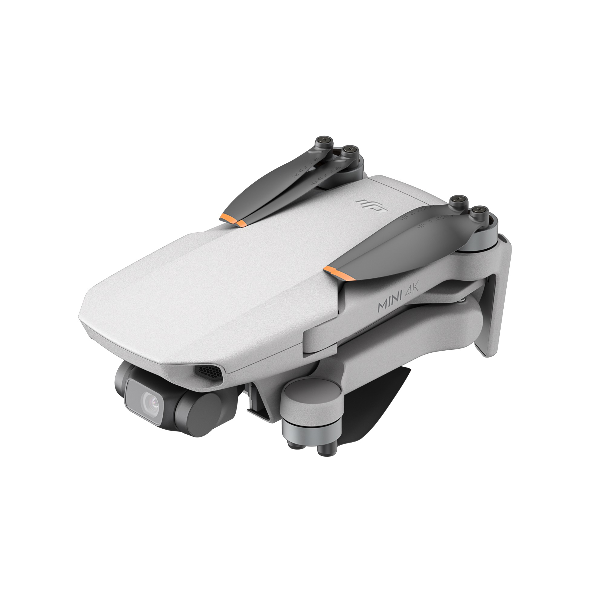 Beyaz ve gri bir drone beyaz bir yüzeyde. Dronun pervaneleri ve bir kamerası var.