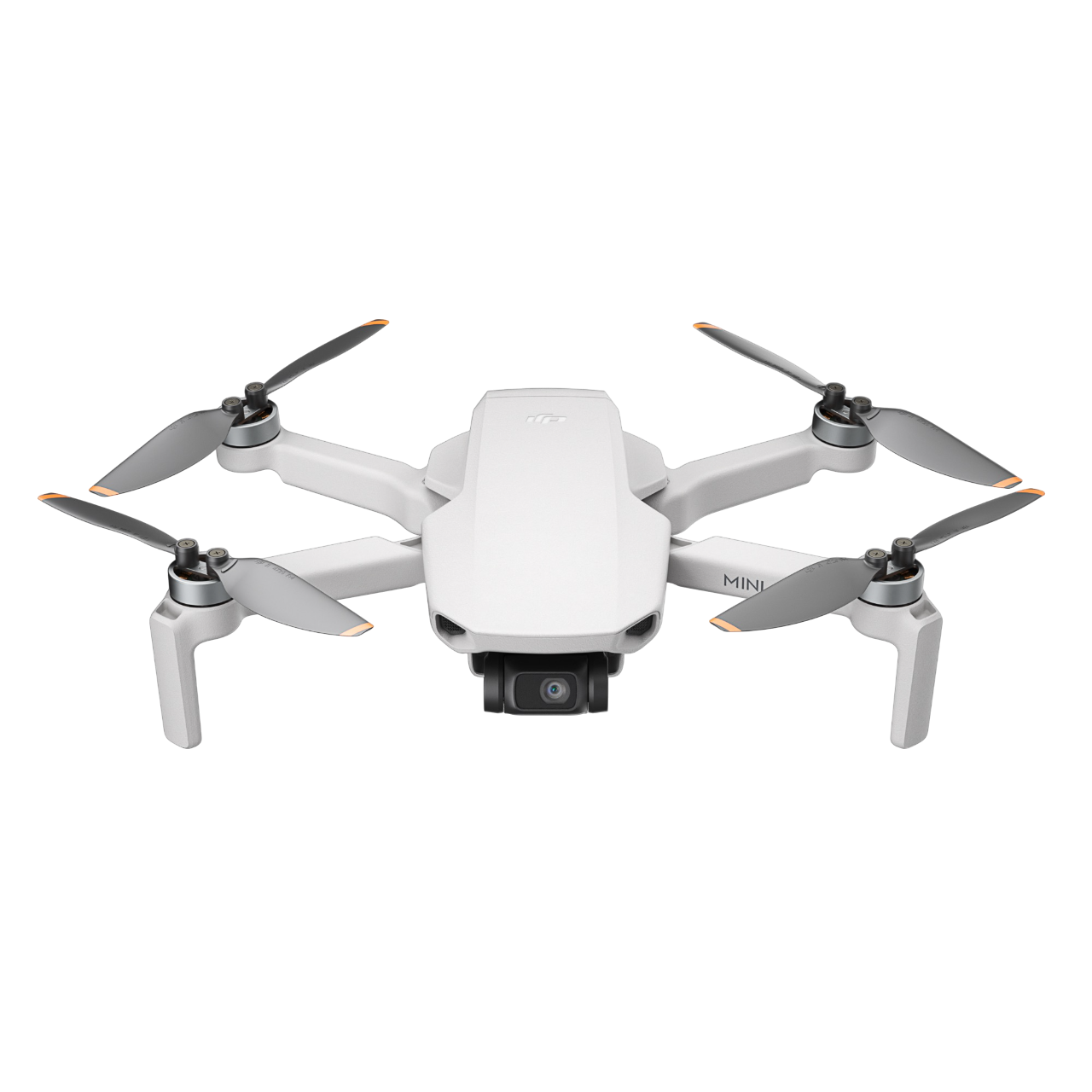 Dört pervaneli ve kameralı beyaz ve gri bir drone, siyah zemin.