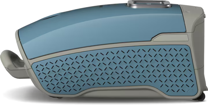 Blau-grauer Miele Staubsauger. Seitenansicht, mit Griff und Lüftungsdetails.