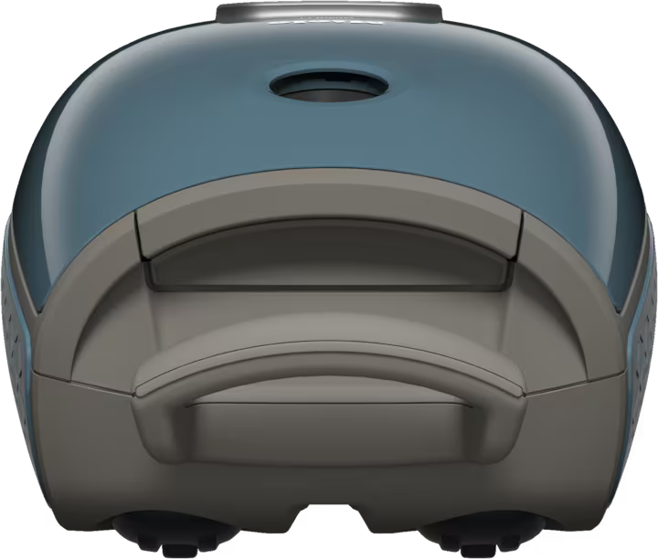 Blau-grauer Miele Staubsauger. Draufsicht mit Griff und Öffnung.