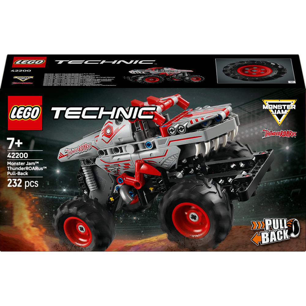 Lego Technic Monster Jam ThunderROARus Truck-Box, rot und grau, auf Schwarz.