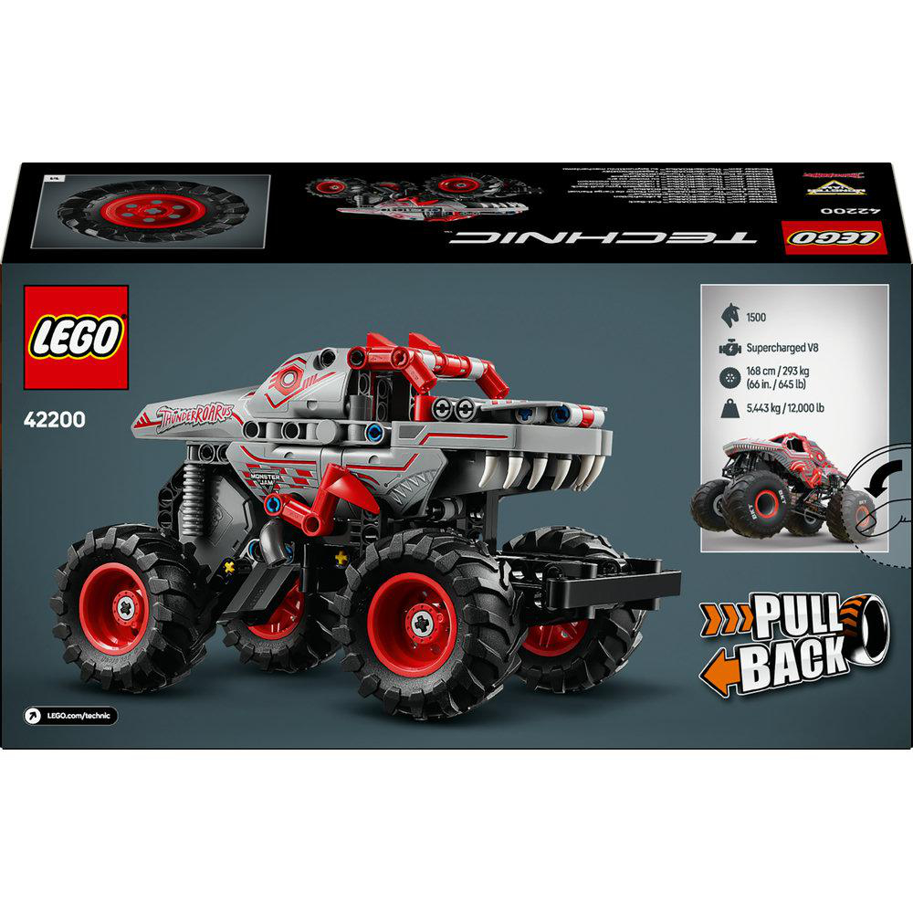 Rückseite der Lego Technic Monster Jam ThunderROARus Truck-Box, Truck im Display.