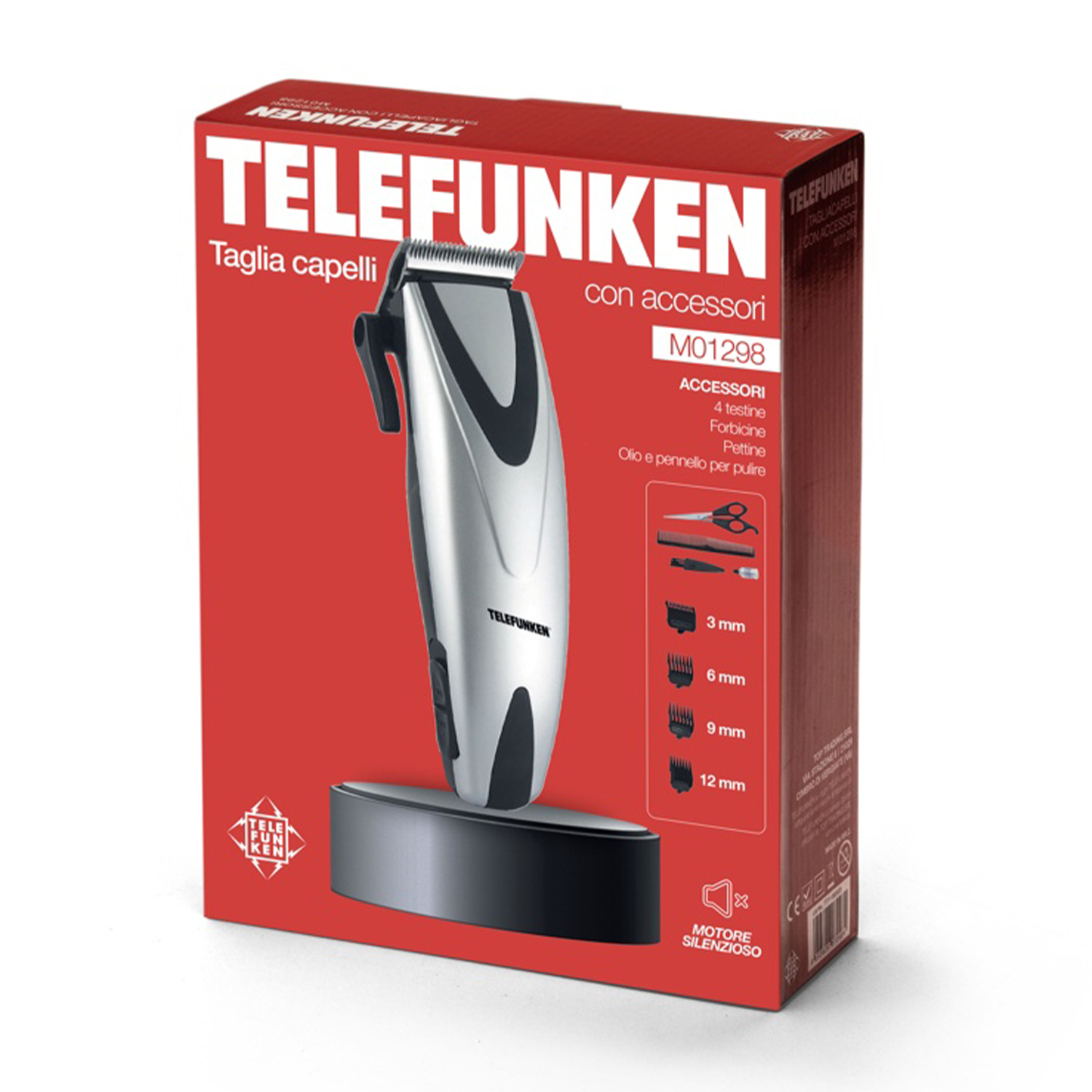 Scatola tagliacapelli Telefunken, tagliacapelli argento e nero su sfondo rosso.