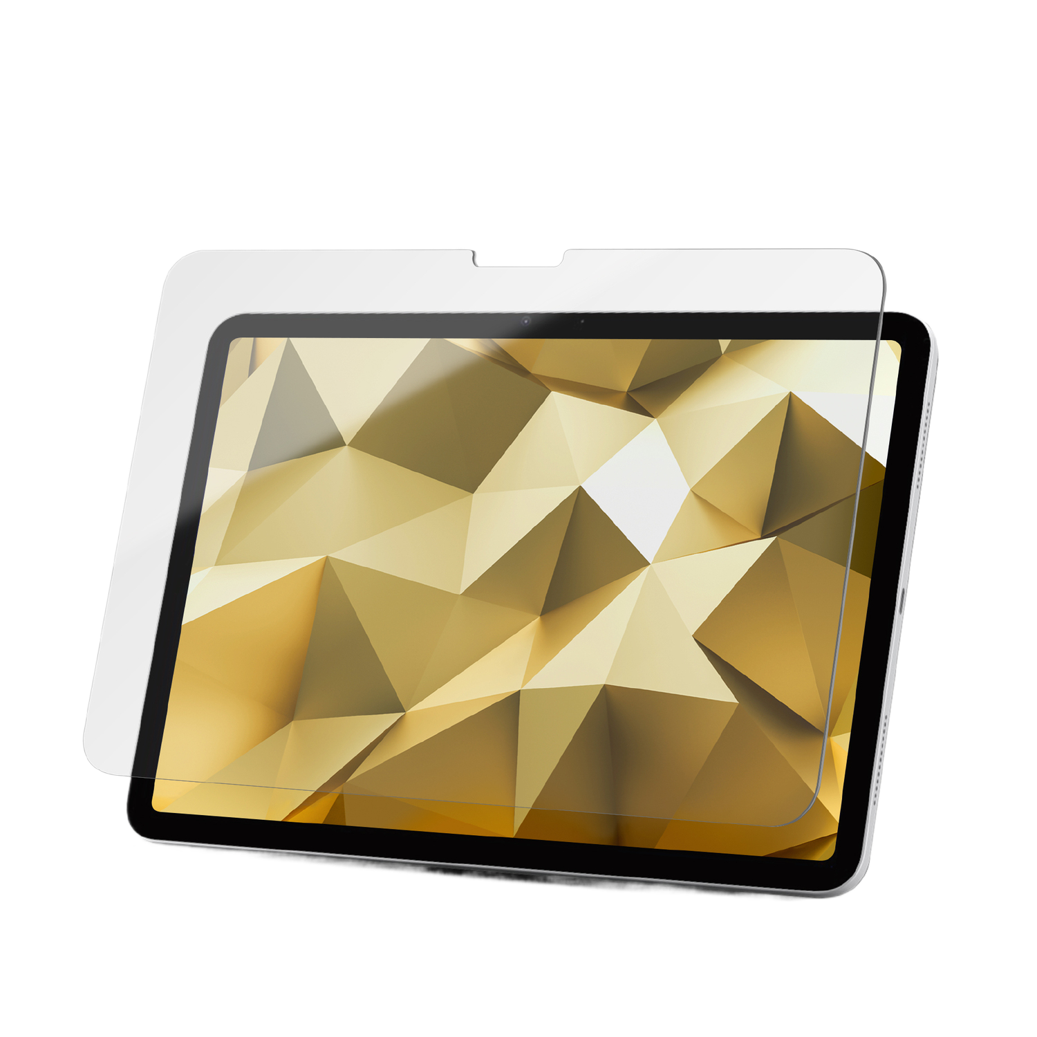 Tablette avec protecteur d'écran, montrant des formes géométriques dorées.