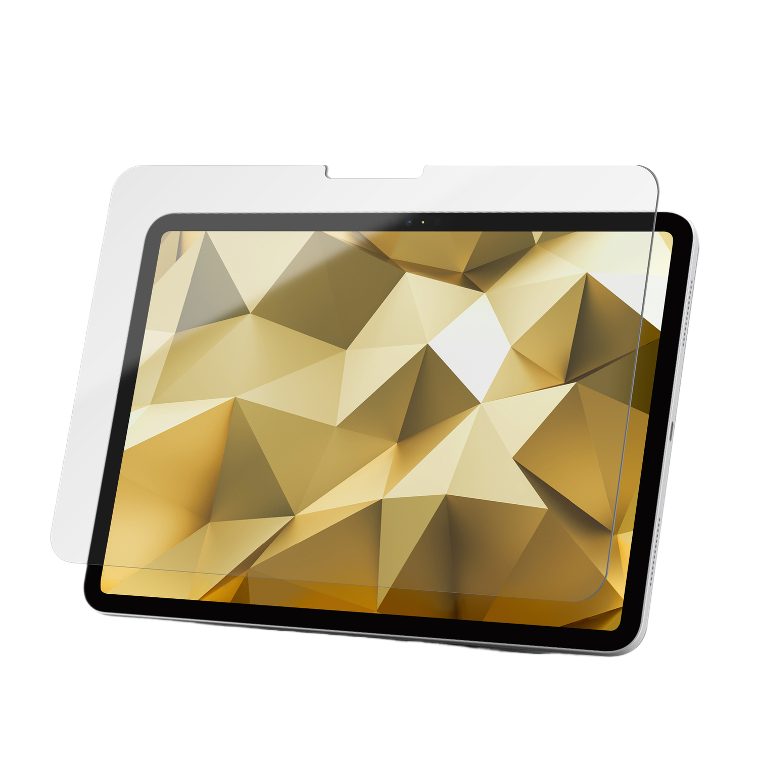 Tablet met schermbeschermer, gouden geometrisch patroon, zwart frame.