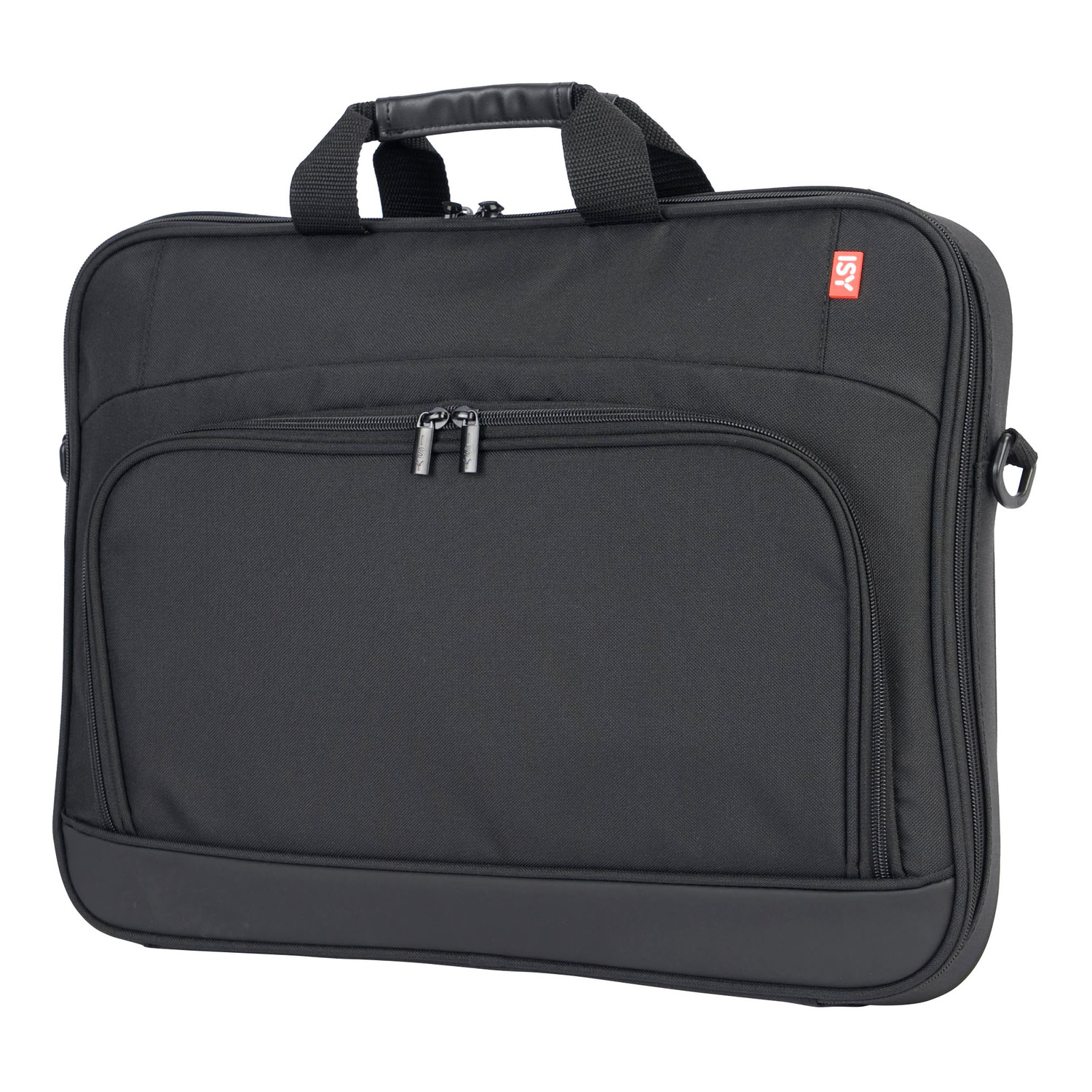 Black briefcase with two zippers and a handle.