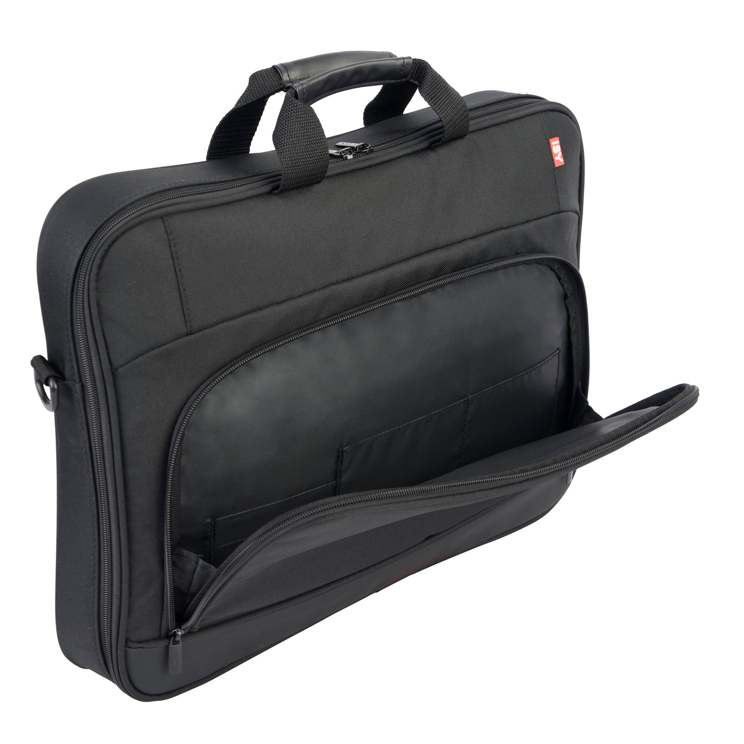 Black laptop bag with open pockets, handle, and zipper.