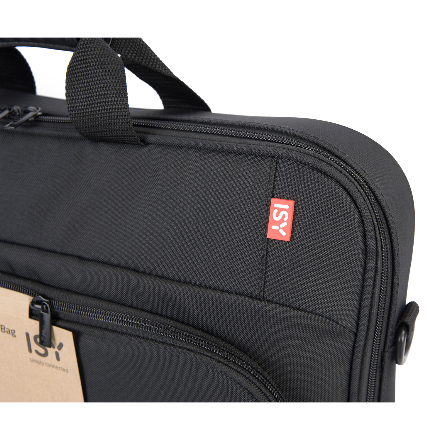 Black laptop bag. Red ISY logo. Zippers and handle. White background. Close-up shot.