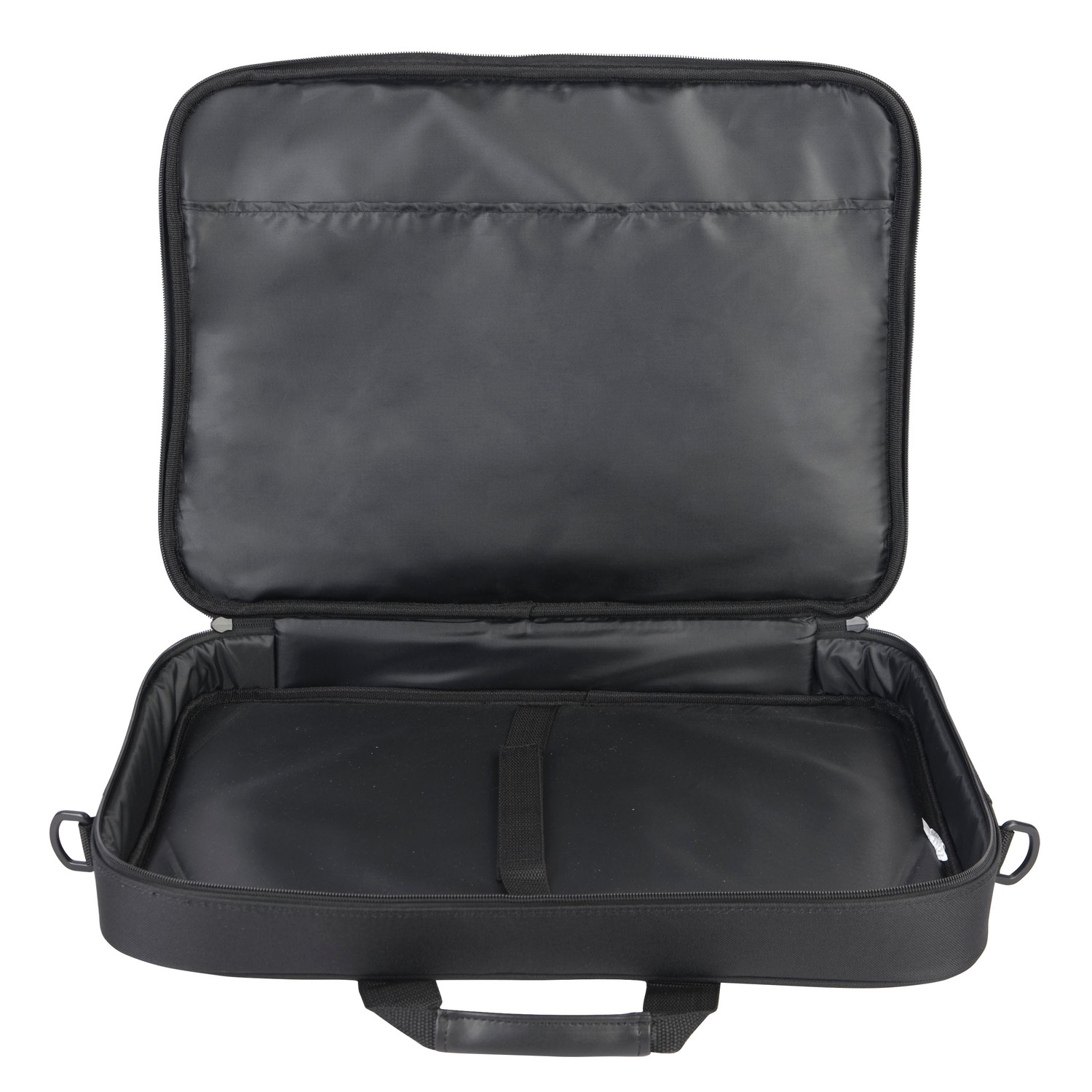 Black open laptop bag showing the inside compartments.
