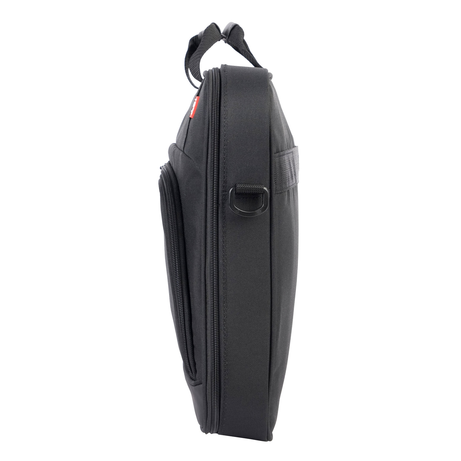 Black laptop bag with red tag, side view, white background.