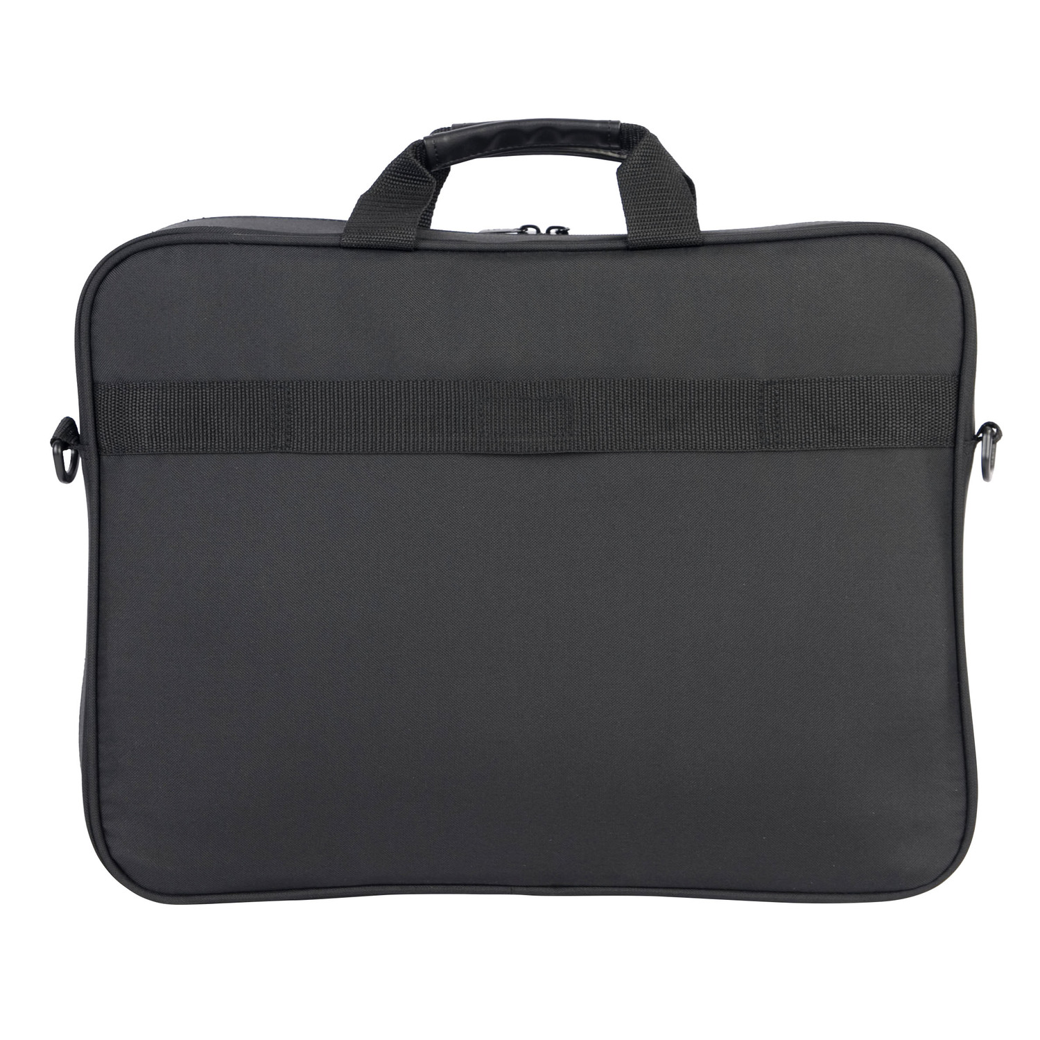 Black laptop bag, handle on top, strap on the back. White background. Full shot.