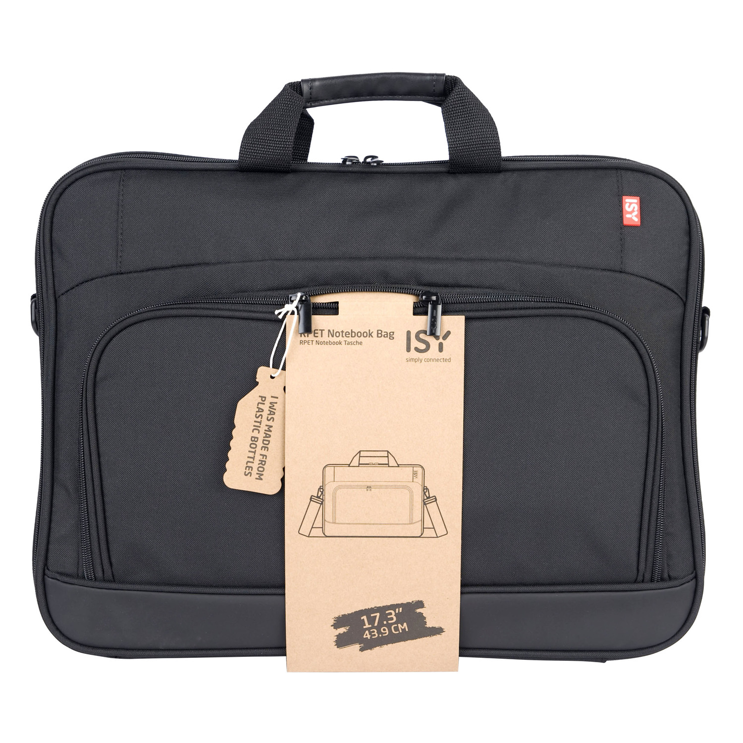 A black laptop bag with a tag, and a diagram of the bag.