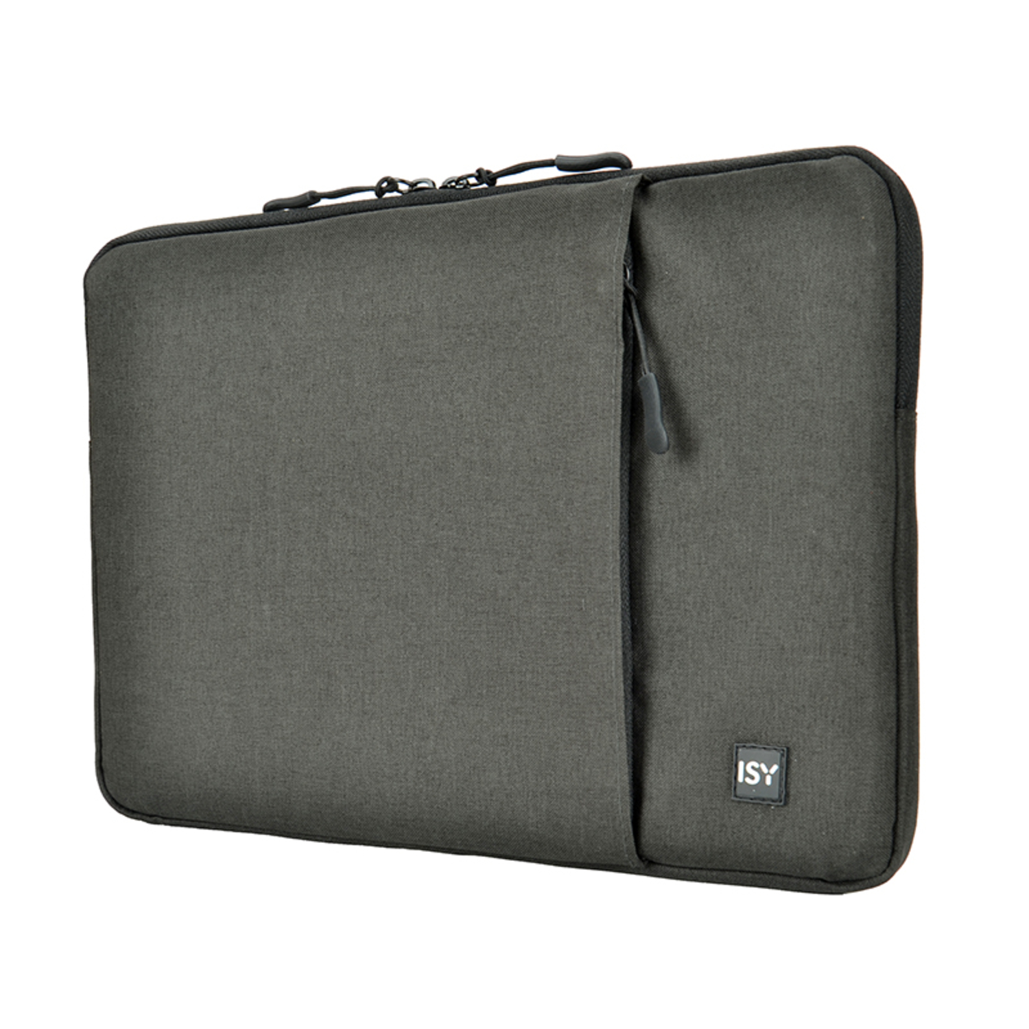 Donkergrijze ISY laptoptas, zijaanzicht, witte achtergrond.