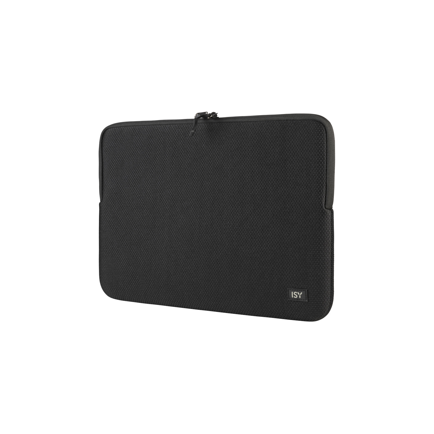 Black laptop sleeve, textured surface. ISY logo at the bottom. White background.