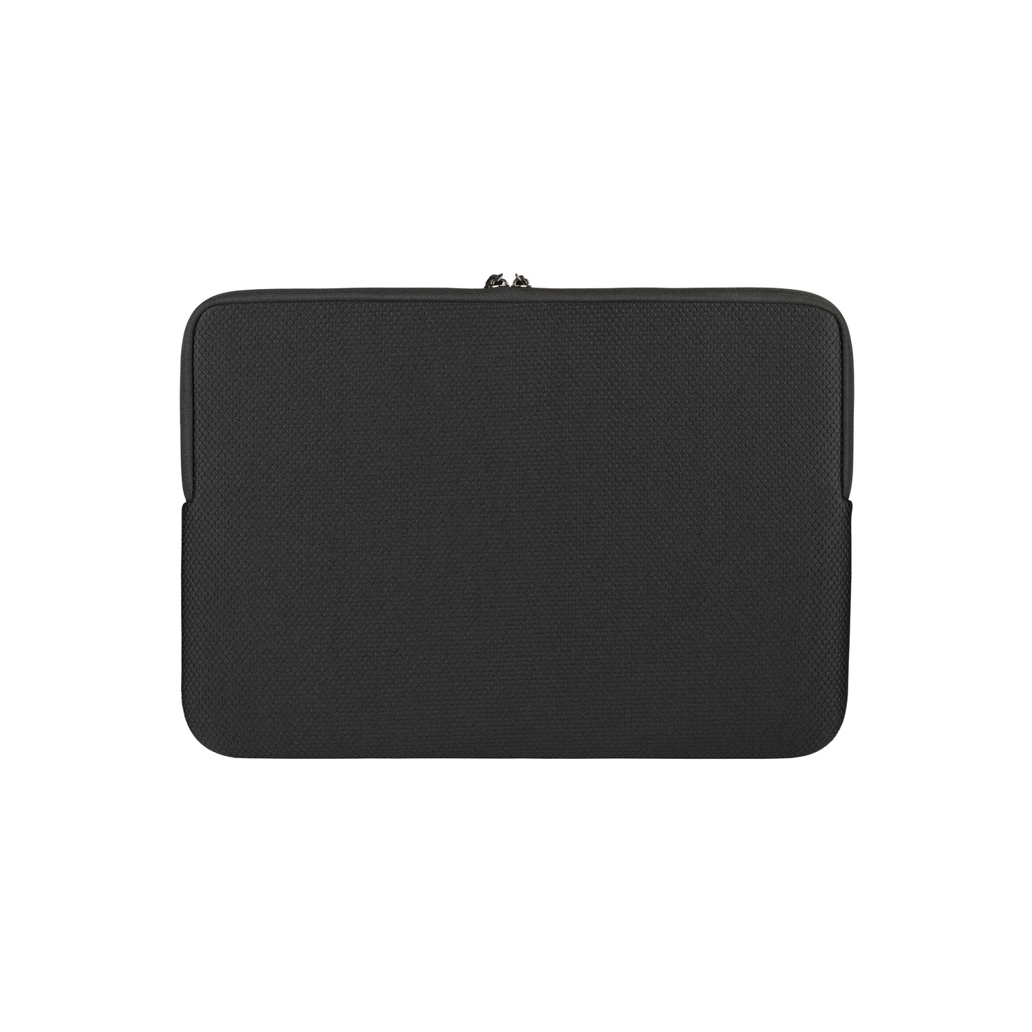 A black laptop sleeve, top view, on a white background.