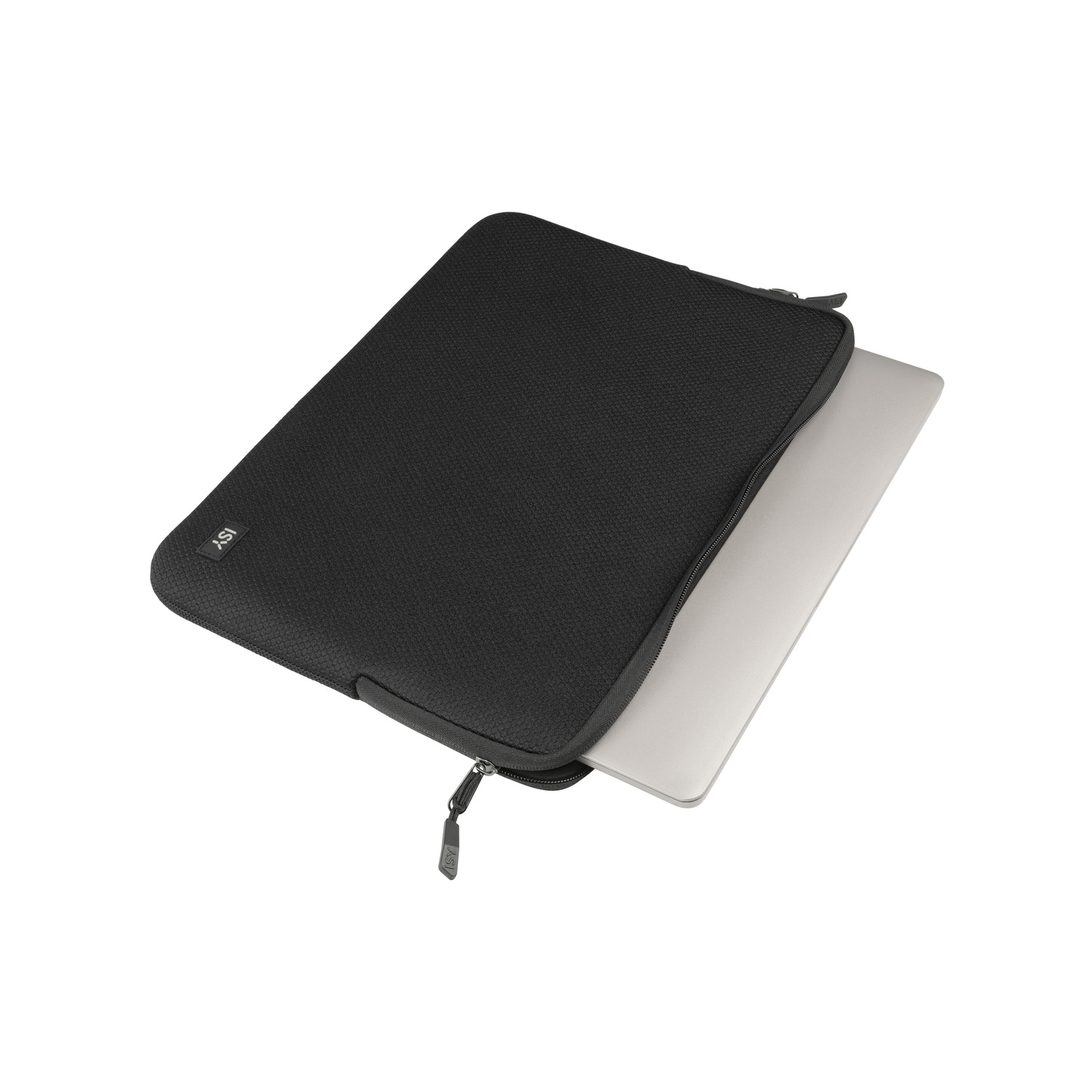 Black ISY laptop sleeve, laptop partially visible. White background.