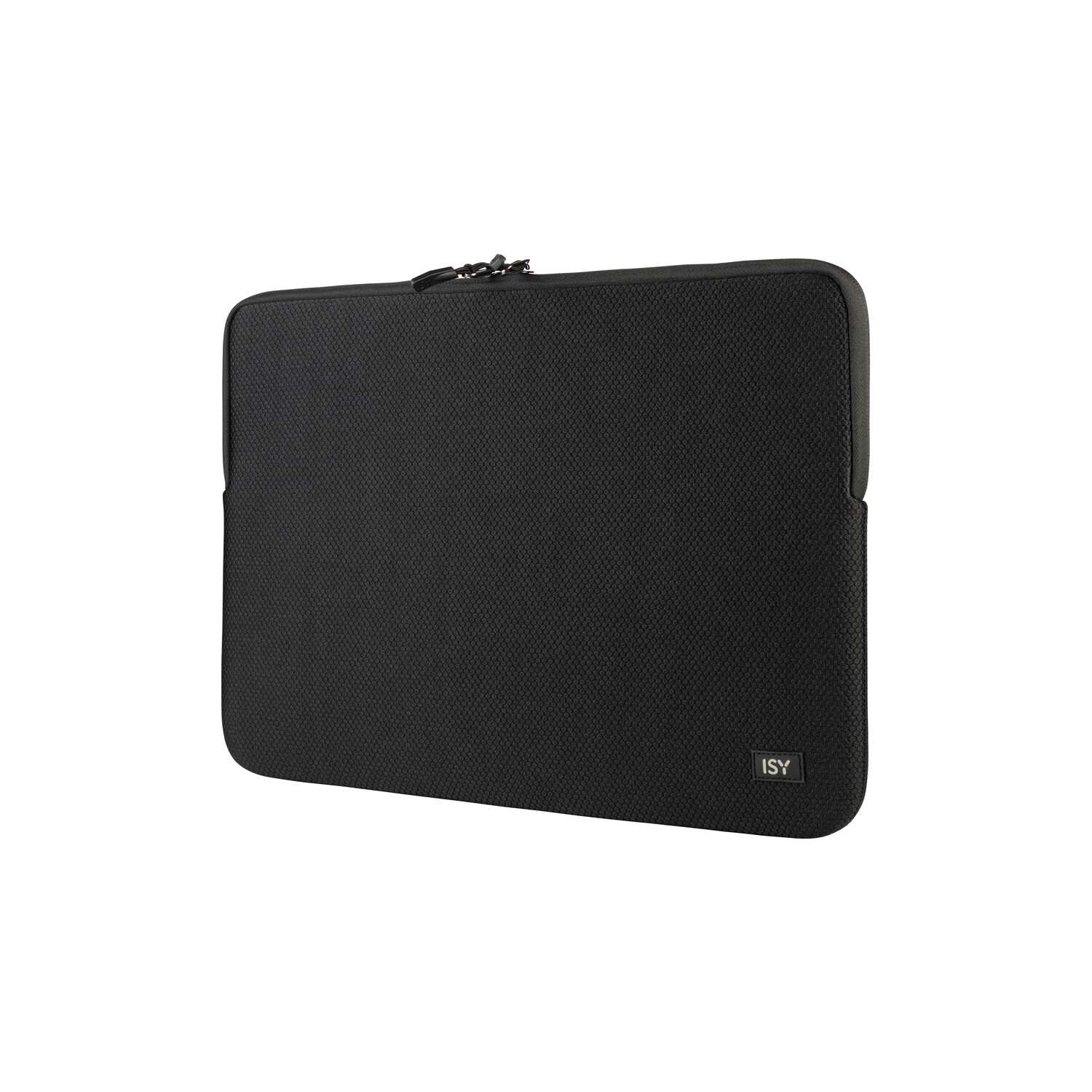 Black laptop sleeve. It has a zipper and a small 'ISY' label.