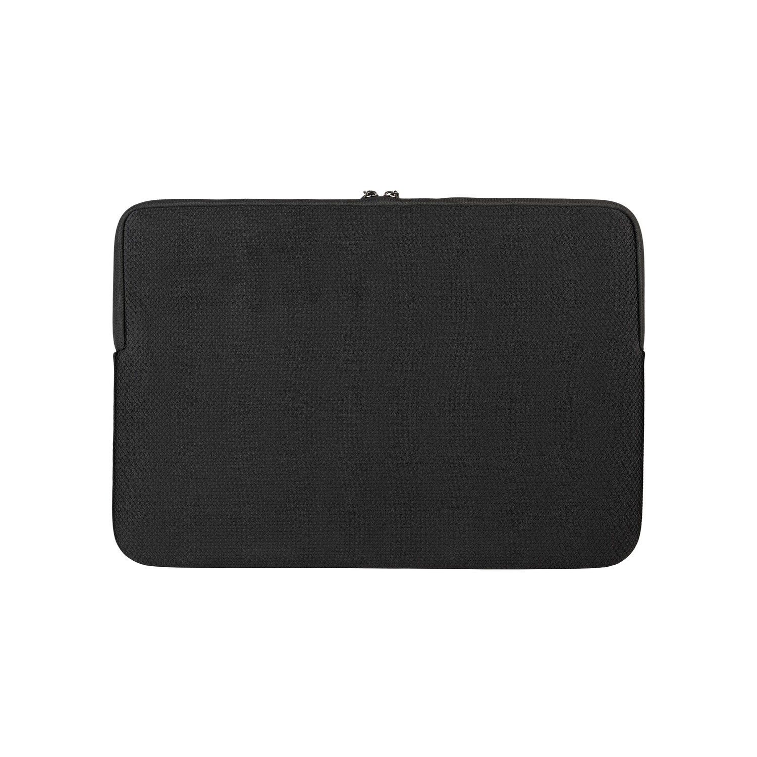Black laptop sleeve with a textured pattern. Zipped closure.