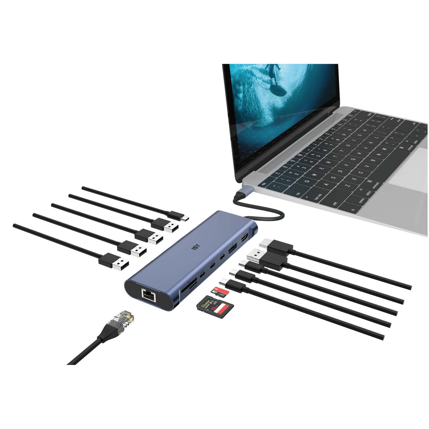 Hub bleu avec câbles et appareils : carte SD, USB, HDMI et un ordinateur portable.