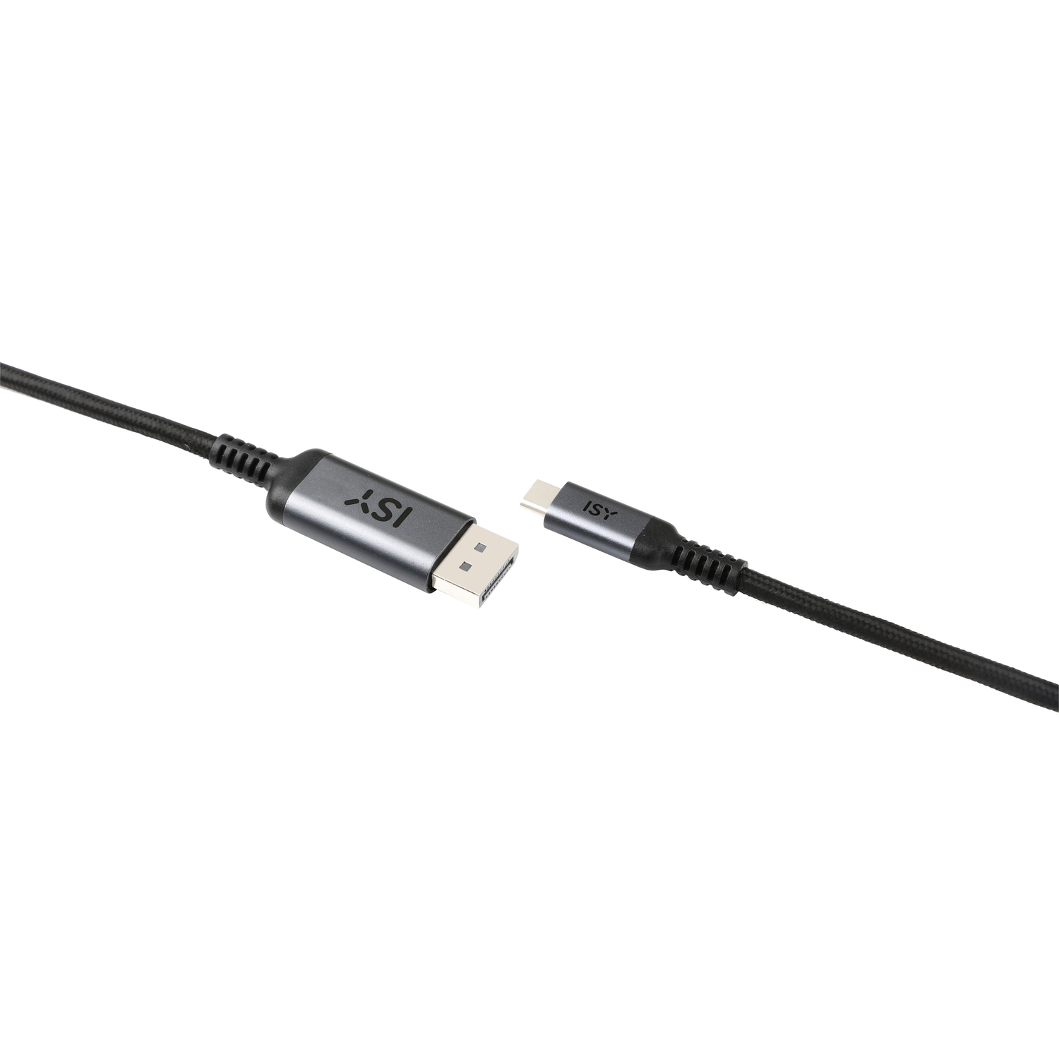 ISY USB-C cable and DisplayPort cable, white background.