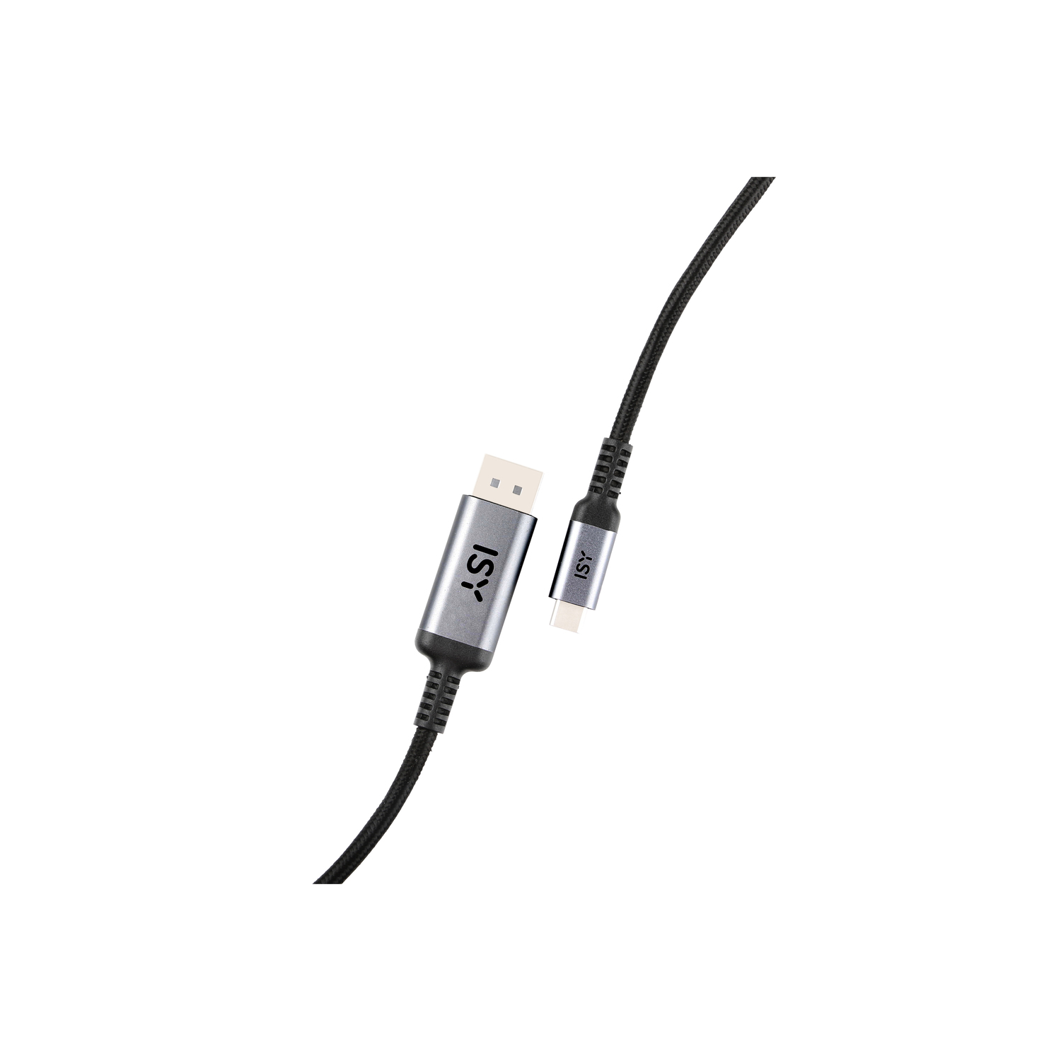 A silver and black USB-C to DisplayPort cable. The cable is angled and on a white background.