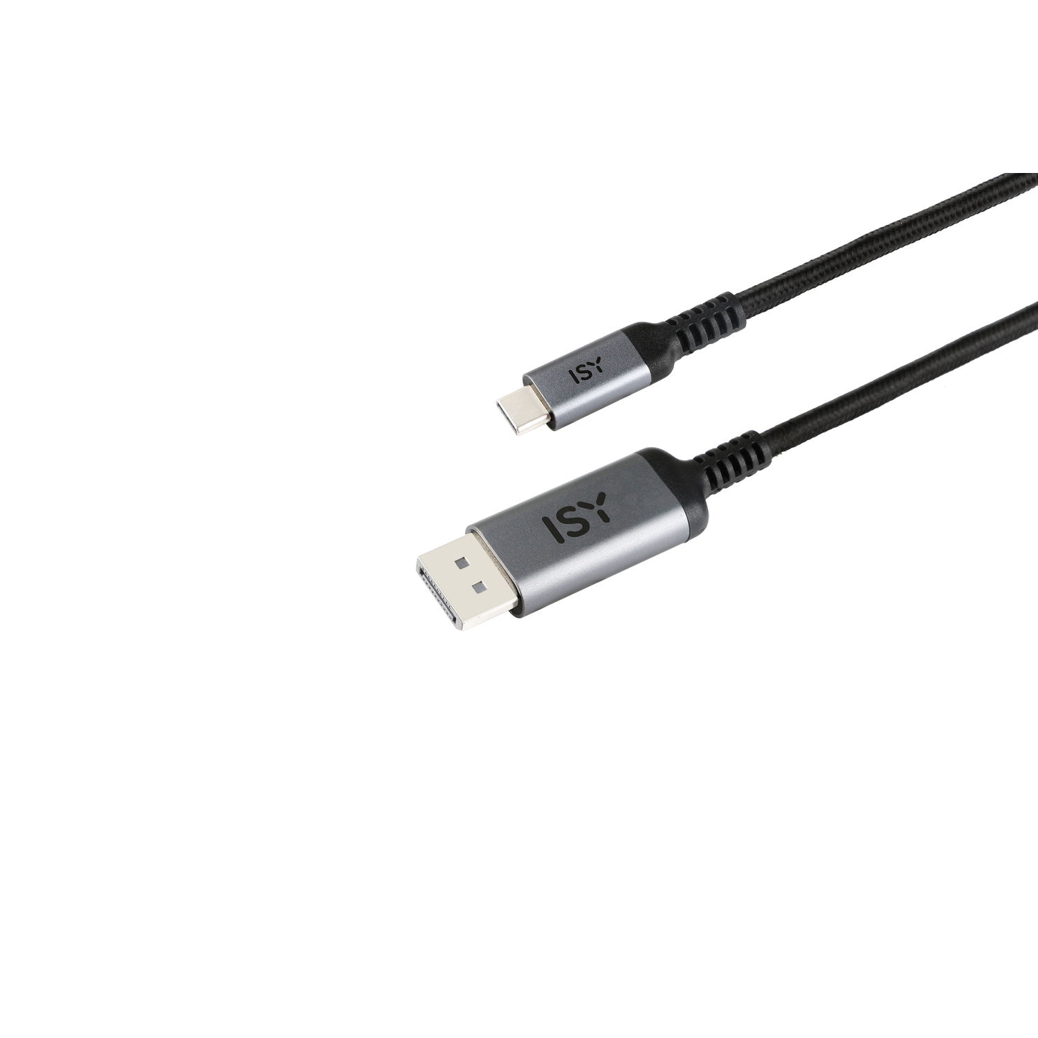 USB-C to DisplayPort cable. Black and gray colors. White background. Close-up shot.