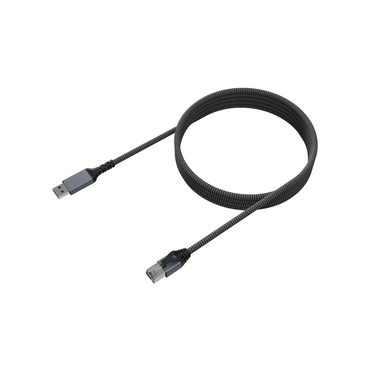 Câble USB-A vers Ethernet. Couleurs noir et gris. Fond blanc. Gros plan.