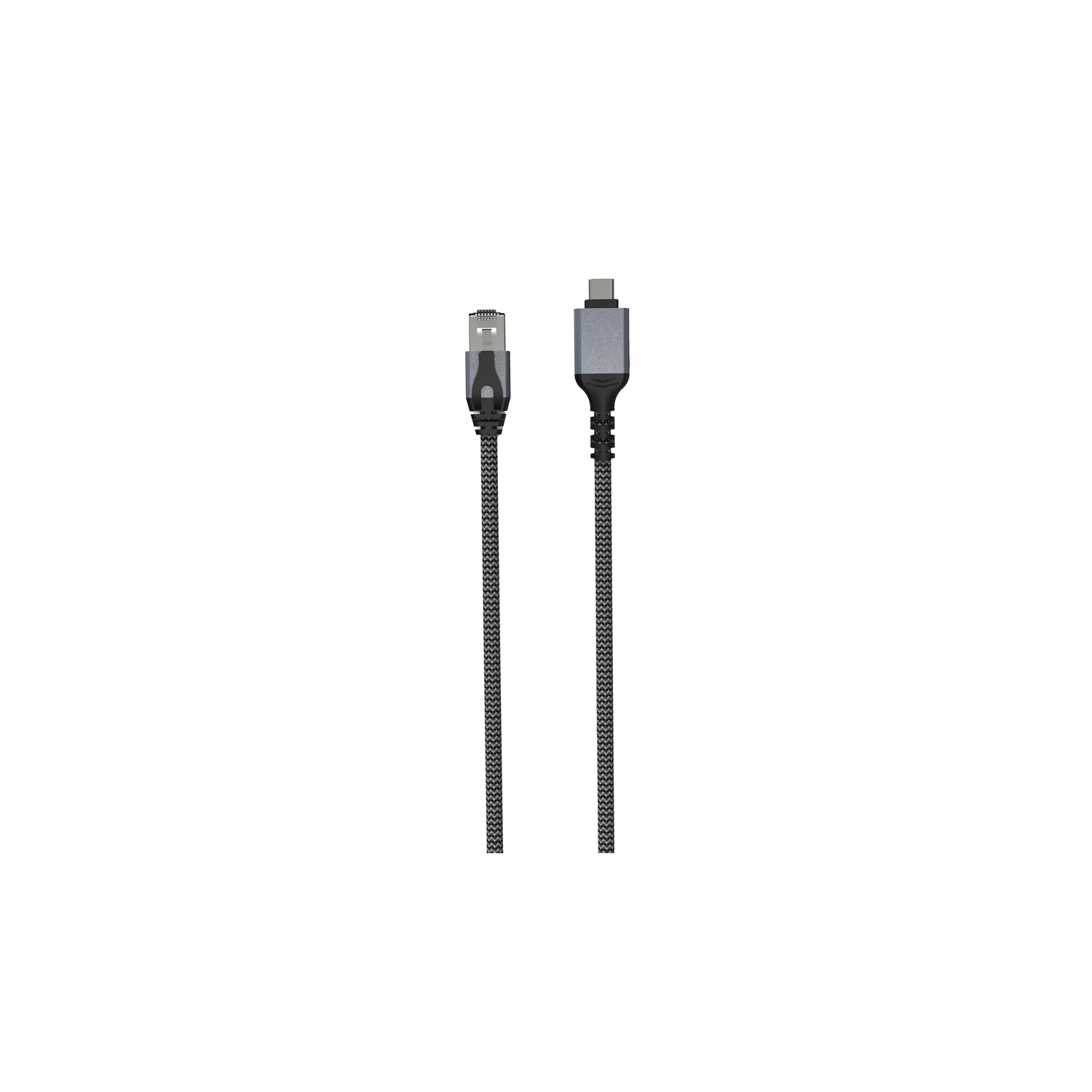 Câble USB-A vers USB-C. Couleurs noir et gris. Fond blanc. Gros plan.