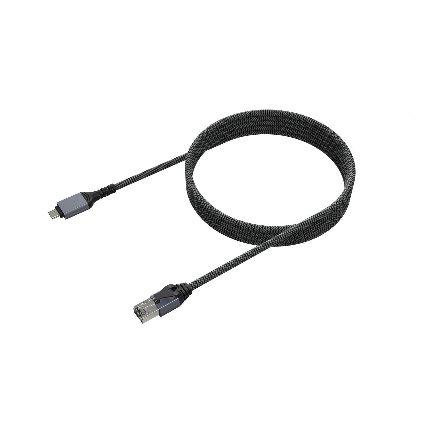 Un câble avec un connecteur USB-C à une extrémité et un connecteur Ethernet à l'autre, gris et noir.