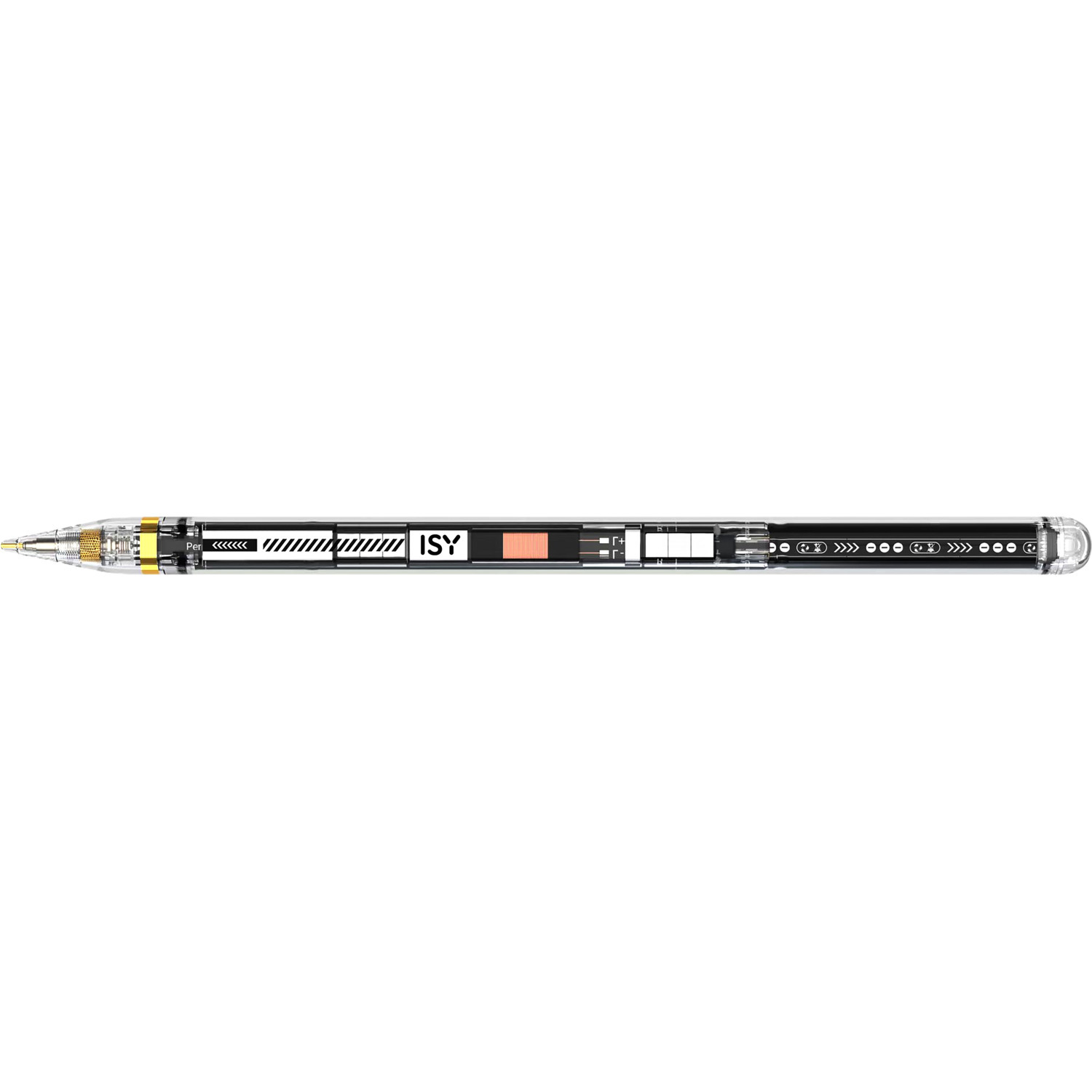 Een doorzichtige pen met zwarte en gouden details en het ISY-logo.
