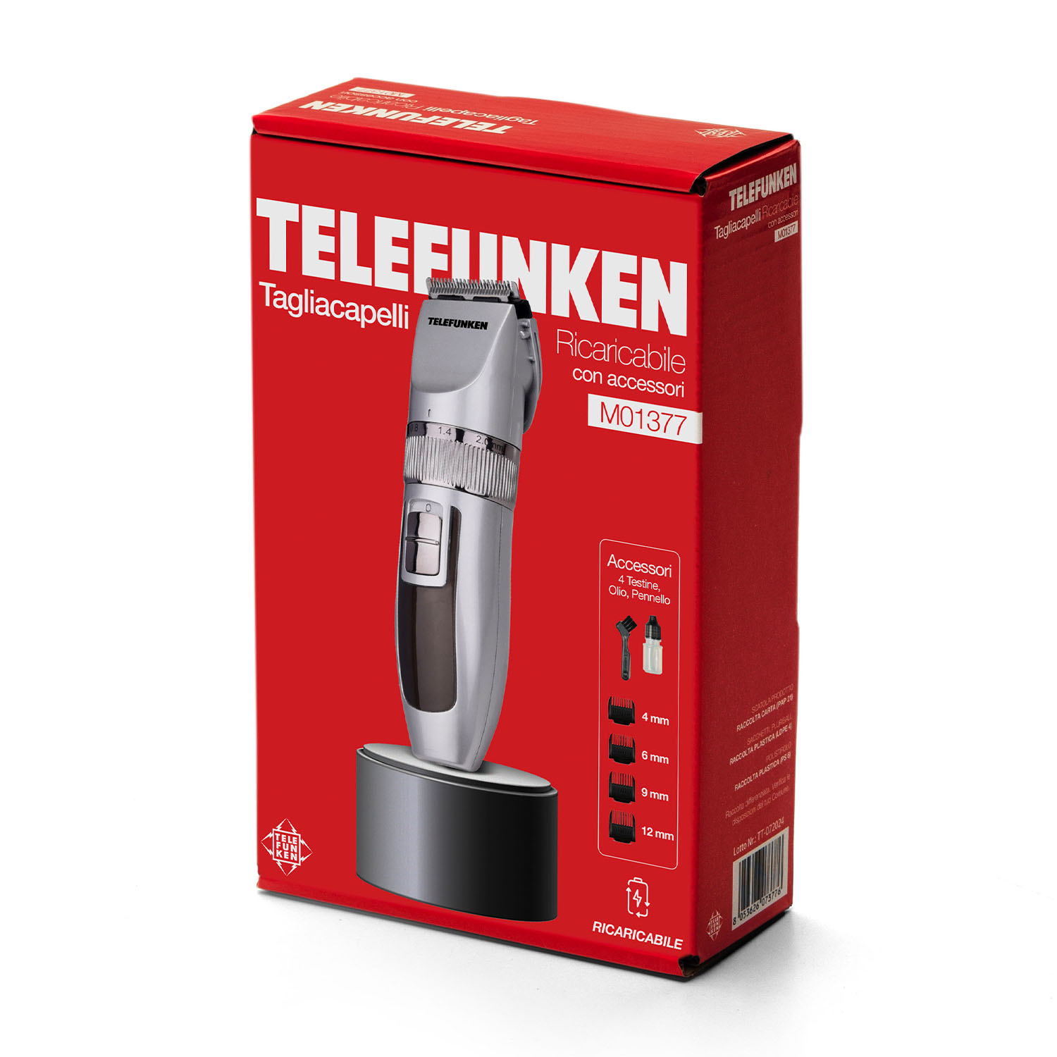 Scatola rossa con tagliacapelli argentato e accessori esposti.