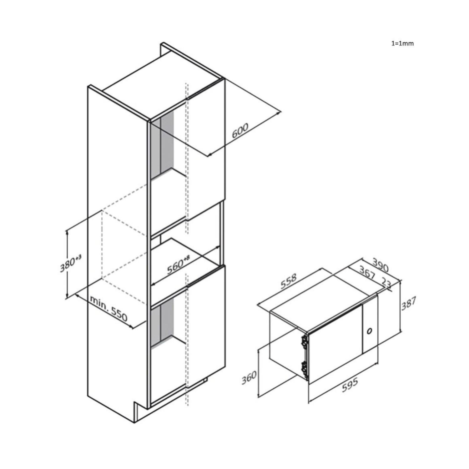 Vista isométrica de armarios de cocina con dimensiones en mm.