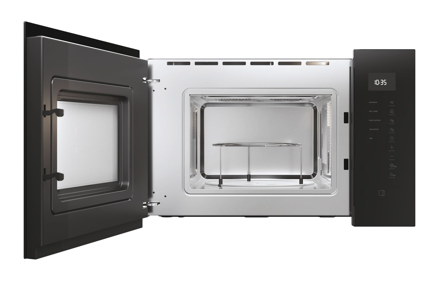 Horno microondas abierto con rejilla y panel de control.