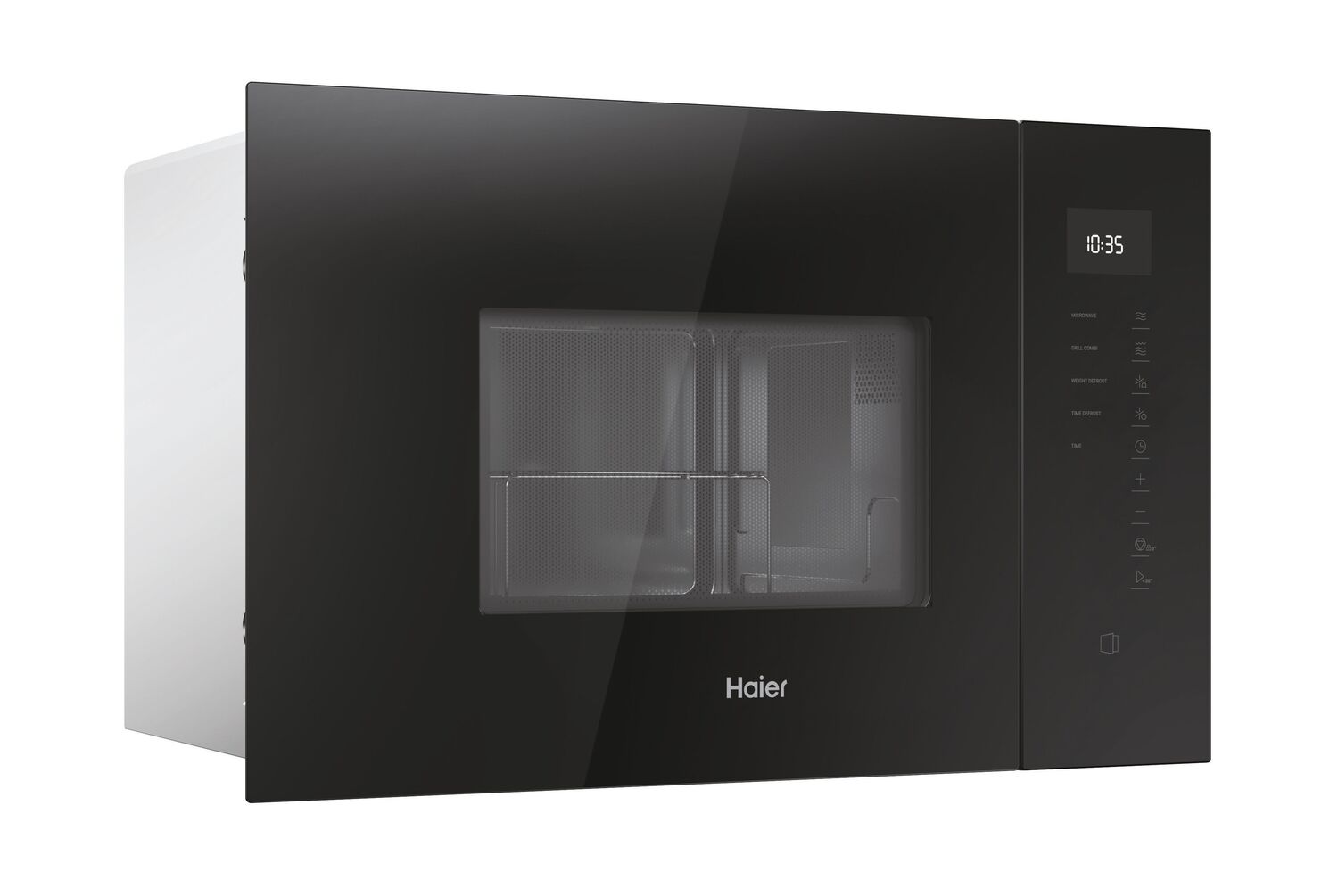 Horno microondas negro con panel de control y logotipo Haier.