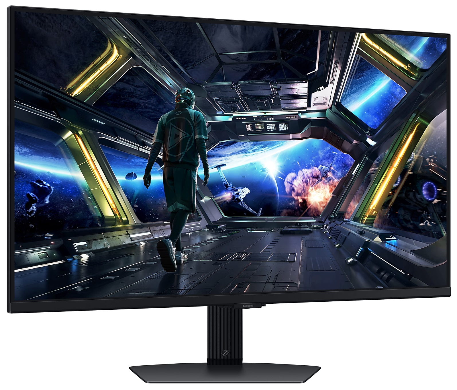 Futurystyczna scena z gry wideo wyświetlana na zakrzywionym monitorze z postacią idącą.