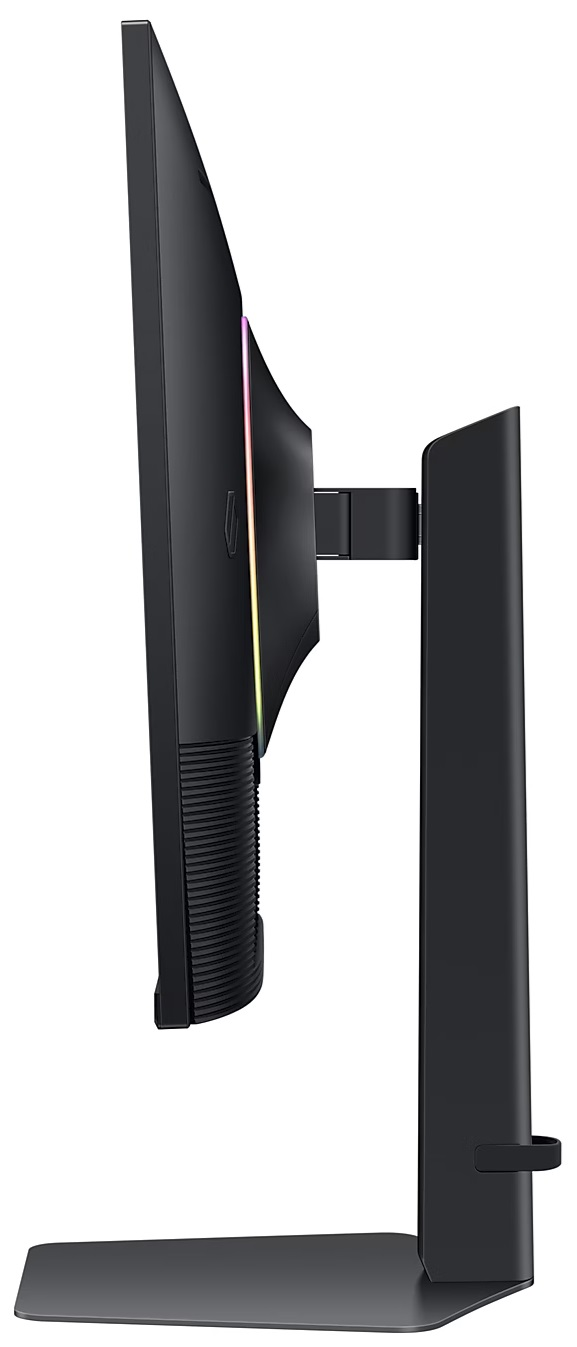 Widok z boku czarnego monitora komputera, ze stojakiem i regulacją pochylenia.