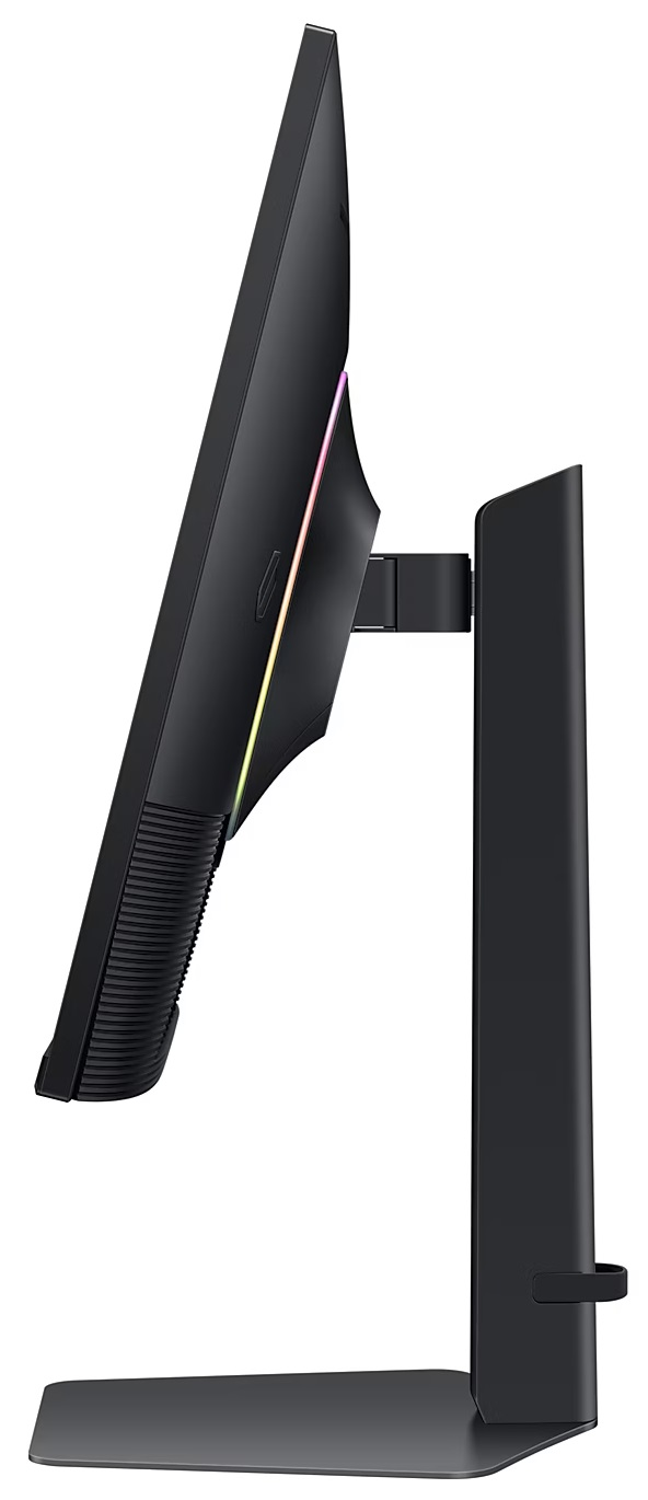 Widok z boku czarnego monitora komputera na stojaku.