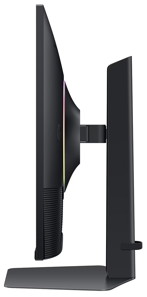 Widok z boku czarnego monitora komputera ze stojakiem i kolorowymi akcentami świetlnymi.