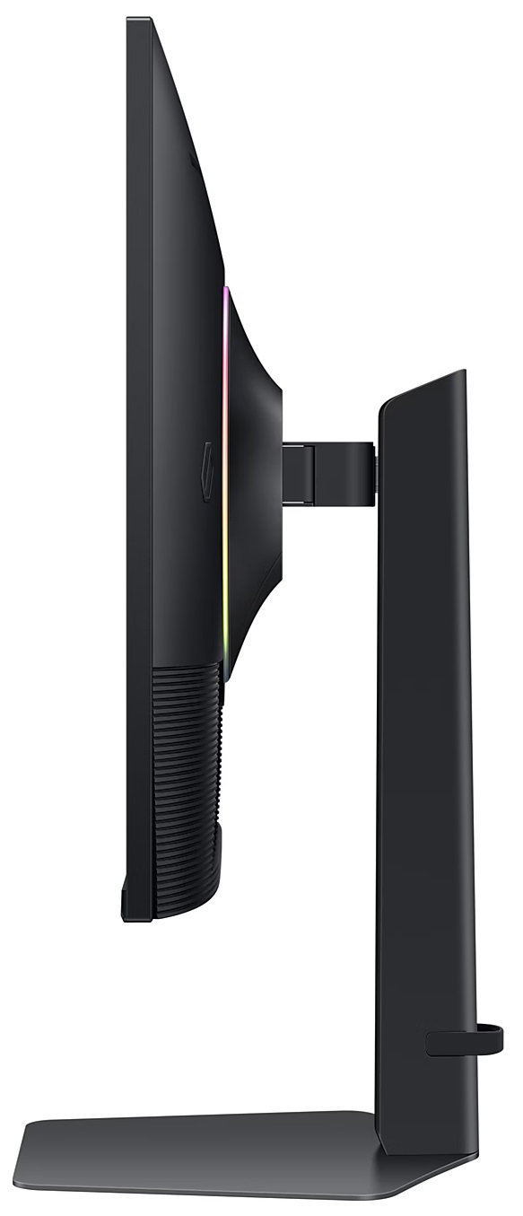 Profil boczny czarnego monitora ze stojakiem, pokazujący cienkie ramki i detale designu.