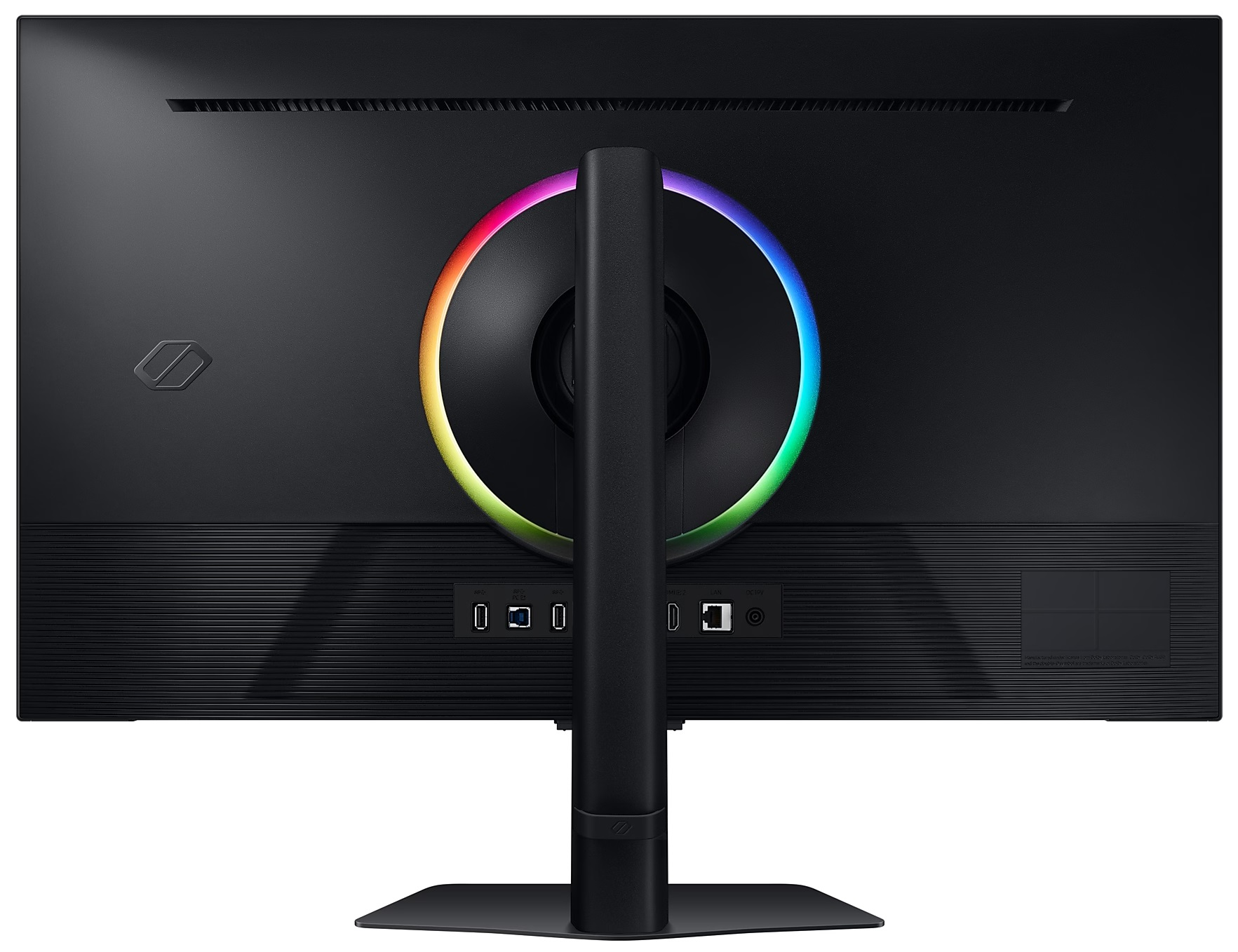 Tył czarnego monitora z kolorowymi światłami i portami. Stojak jest czarny.