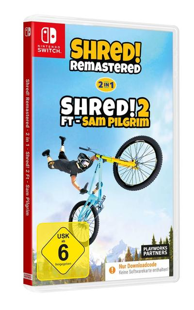 Spielhülle für Shred! Remastered und Shred! 2 mit einem Biker, der einen Trick auf einem blauen Fahrrad macht.