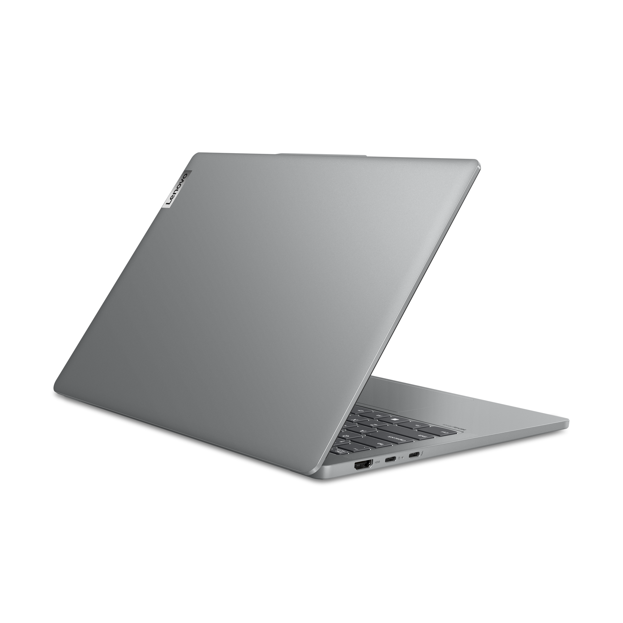 Gri dizüstü bilgisayar, açık, arkaya doğru açılı, Lenovo logosu siyah zemin üzerinde görülebilir.