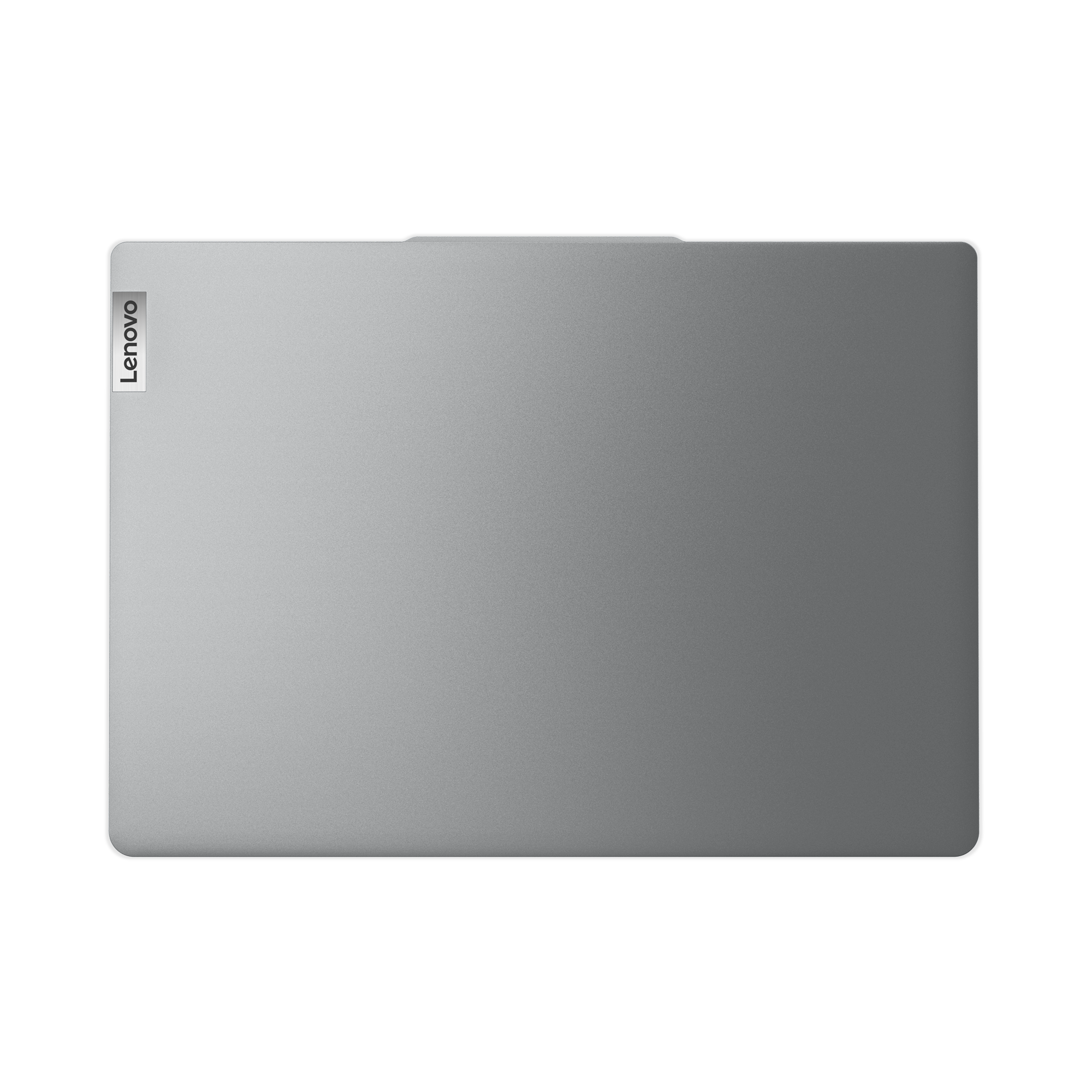 Siyah arka plan üzerinde gümüş renkli dizüstü bilgisayar, Lenovo logosu.