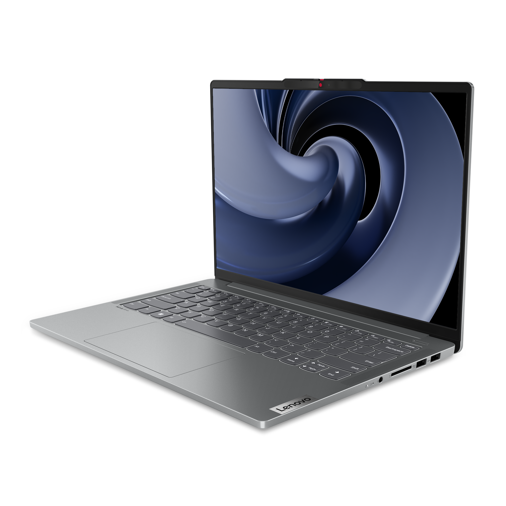 Koyu bir arka plan üzerinde hafifçe açık gümüş bir Lenovo dizüstü bilgisayar.