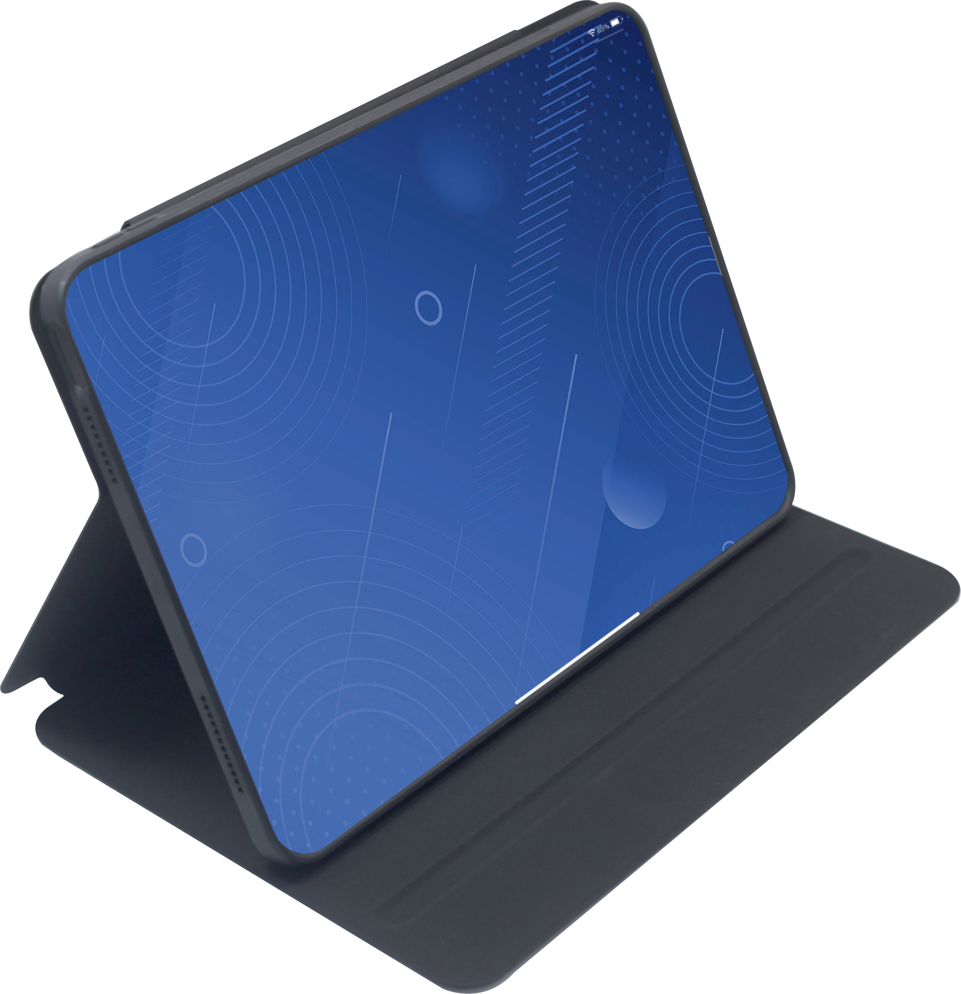 Tablet in schwarzem Gehäuse, blauer Bildschirm mit weißen Linien und Kreisen, vor weißem Hintergrund.
