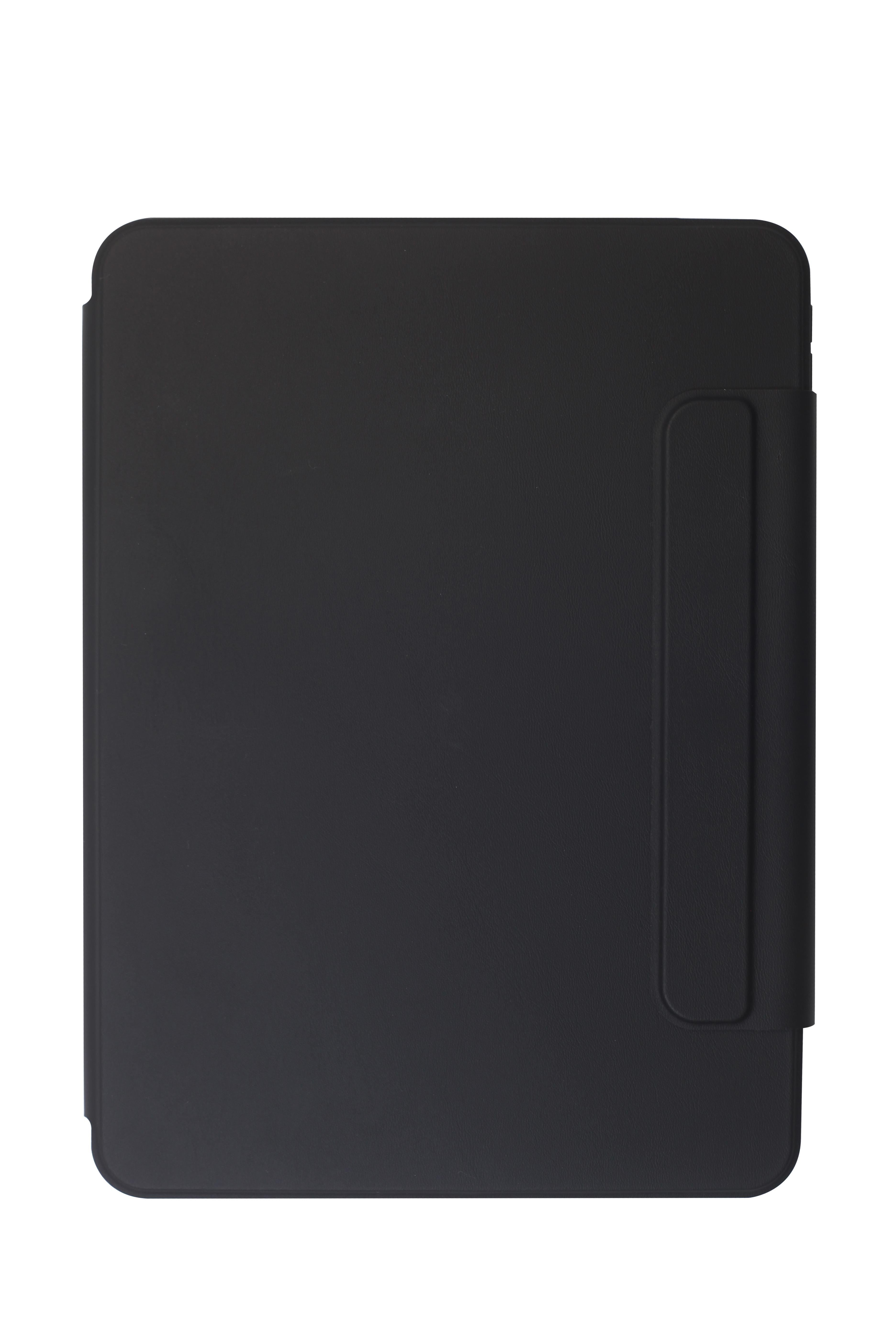 Schwarze Tablet-Hülle, geschlossen, glatte Textur, freigestellt auf weißem Hintergrund.